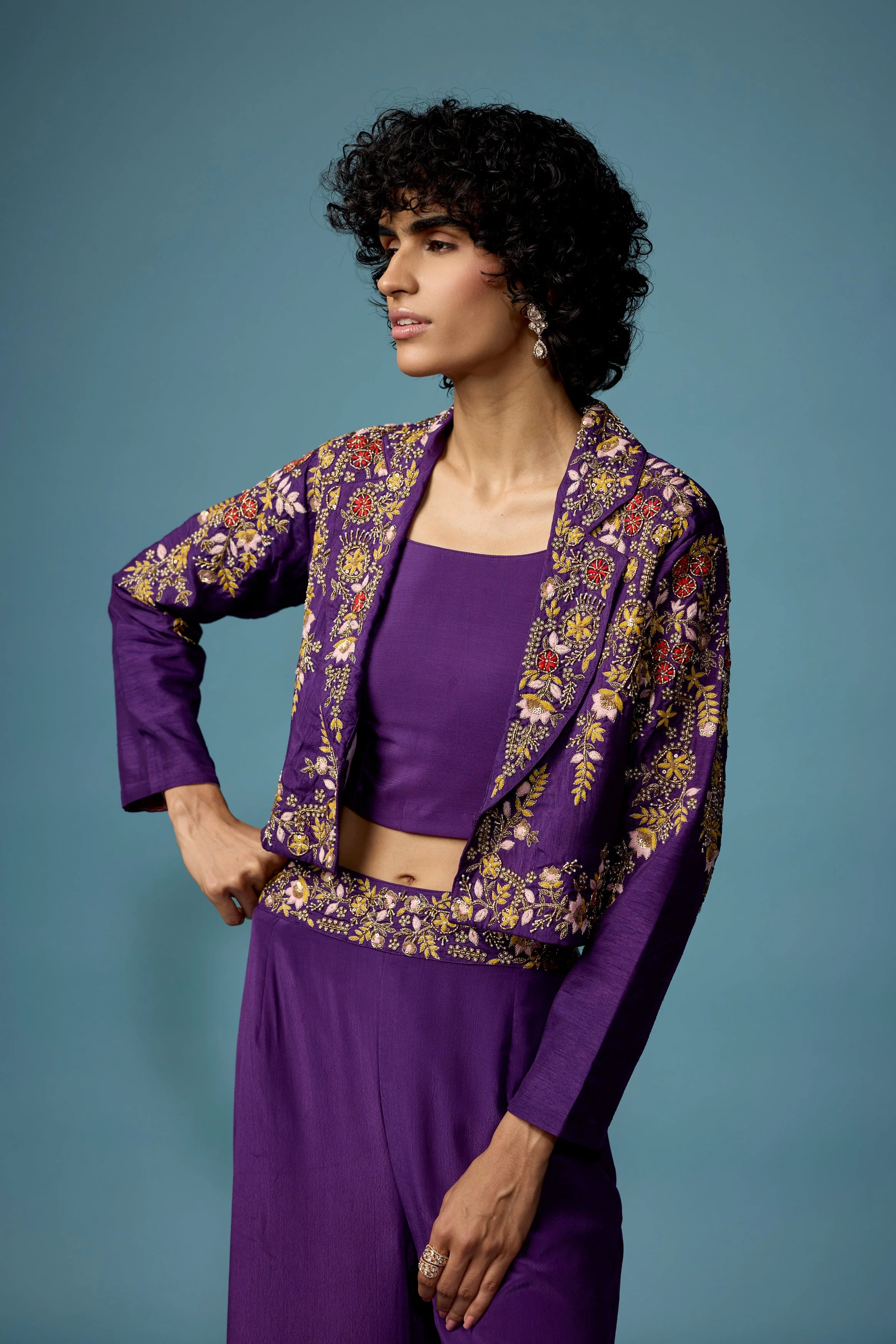 Royal Purple Embellished Raw Silk Co-Ord Set - Image 3