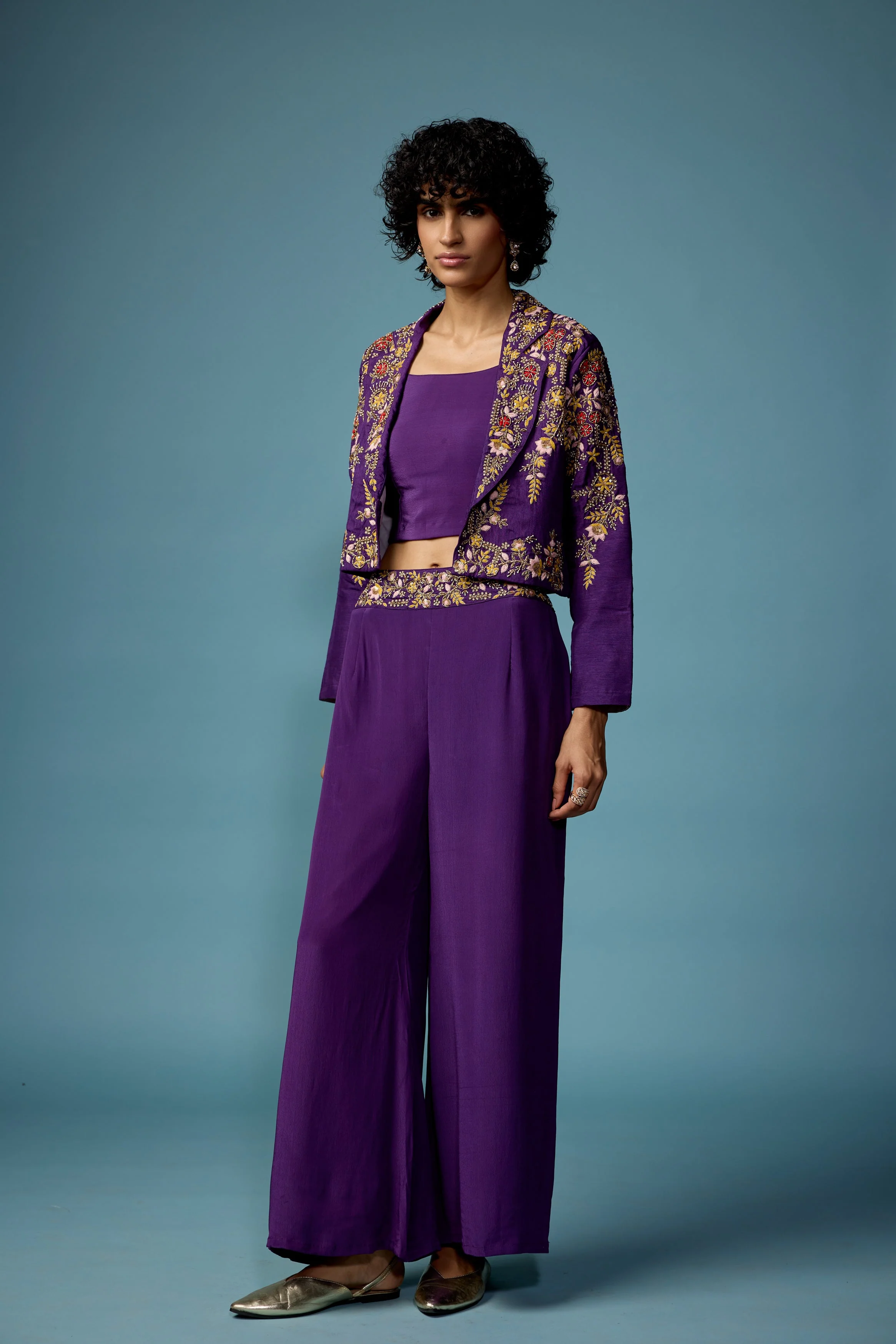 Royal Purple Embellished Raw Silk Co-Ord Set - Image 4