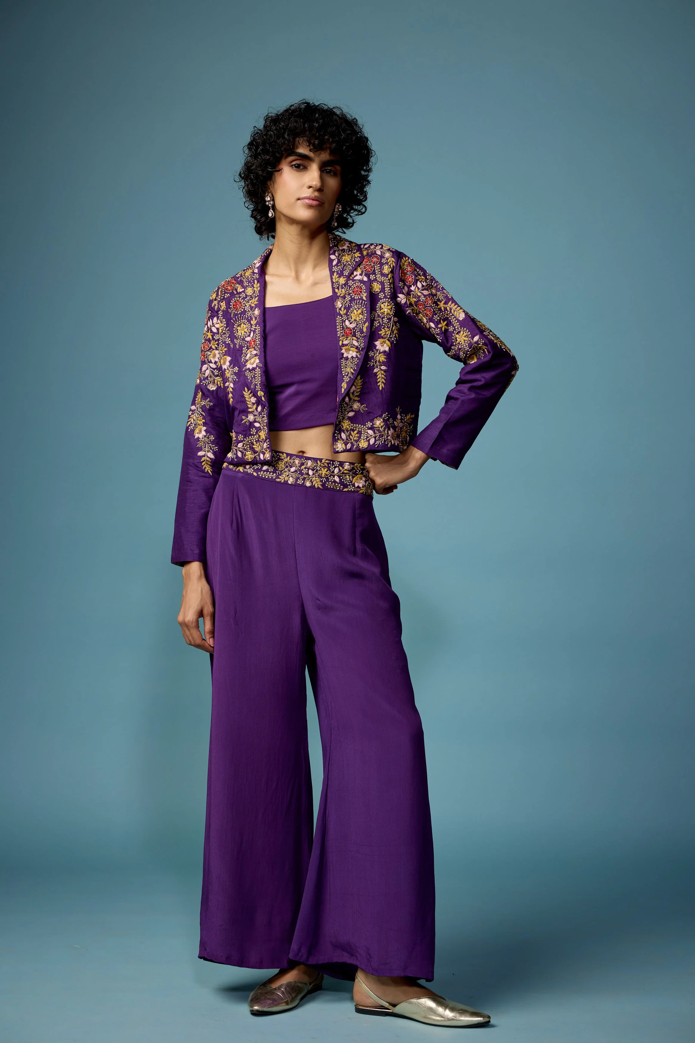 Royal Purple Embellished Raw Silk Co-Ord Set - Image 5