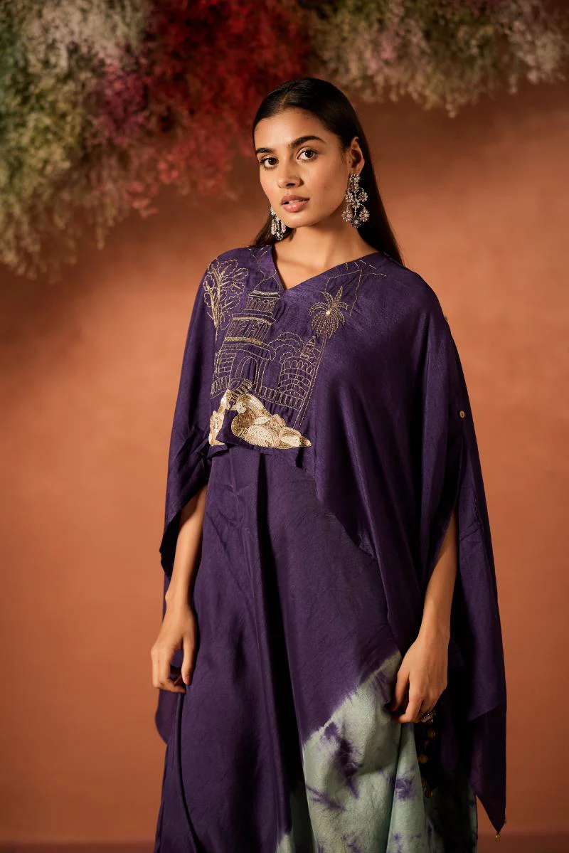 Royal Purple Embellished Raw Silk Kaftan Set - Image 3