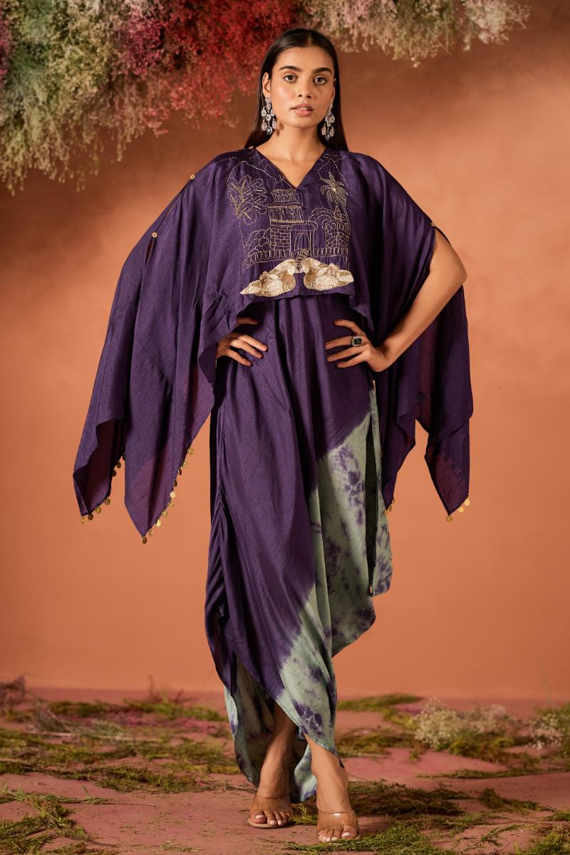 Royal Purple Embellished Raw Silk Kaftan Set - Image 4