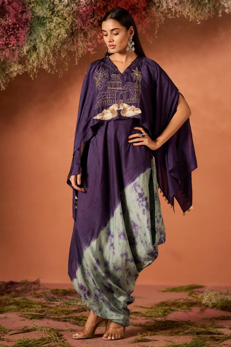 Royal Purple Embellished Raw Silk Kaftan Set - Image 5