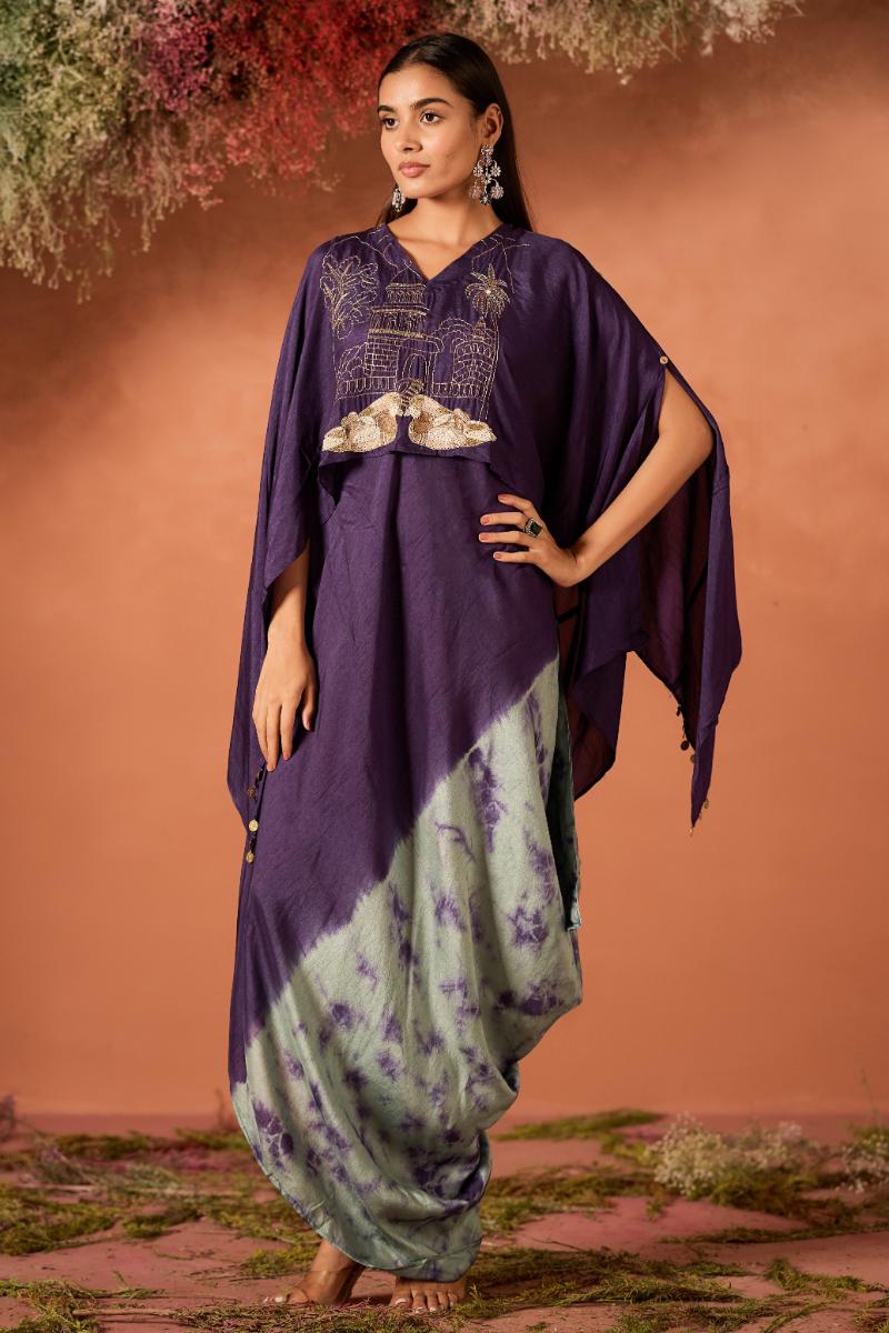 Royal Purple Embellished Raw Silk Kaftan Set - Image 6