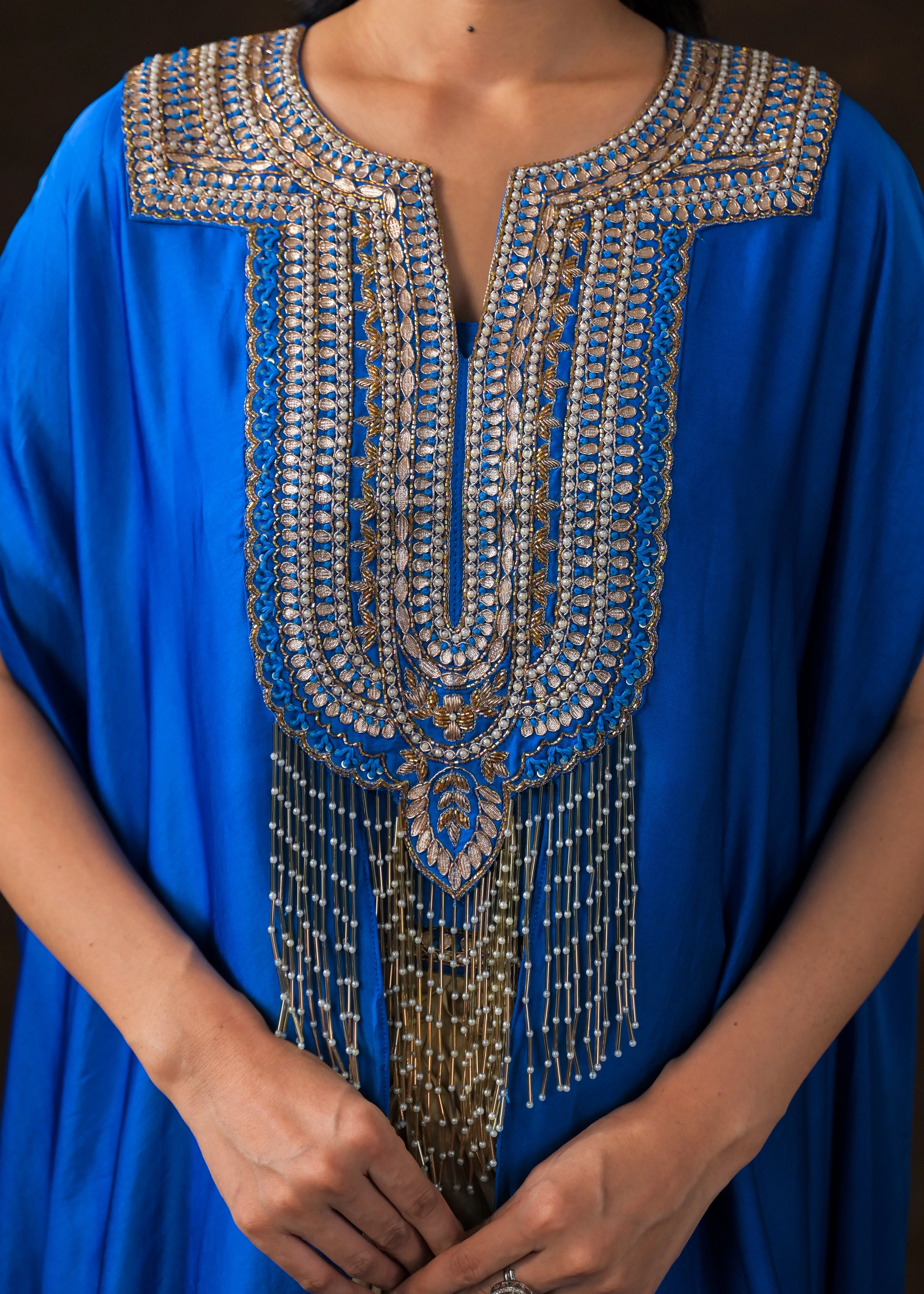Royal Blue Embellished Satin Silk Drape Skirt Set - Image 2