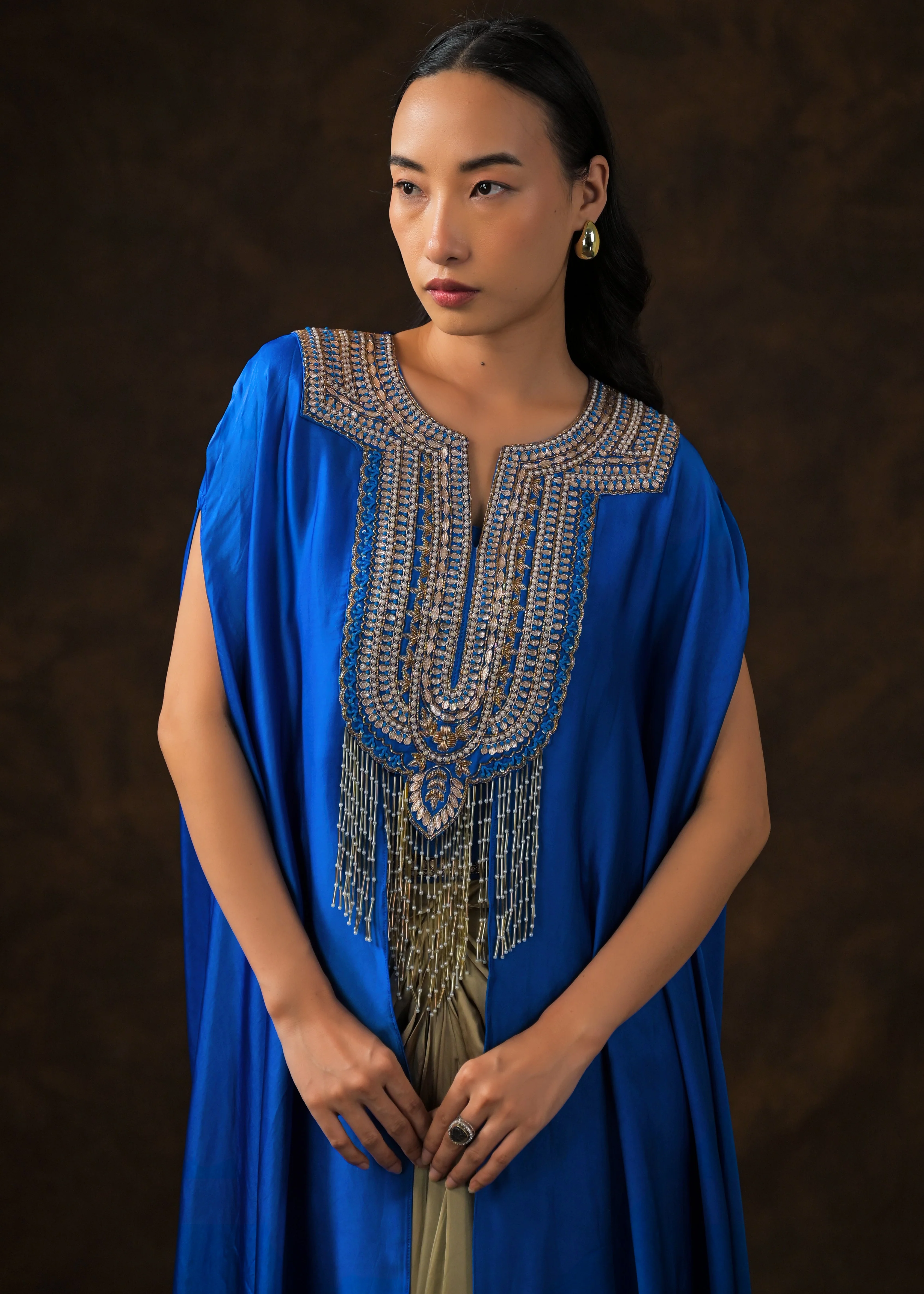 Royal Blue Embellished Satin Silk Drape Skirt Set - Image 3