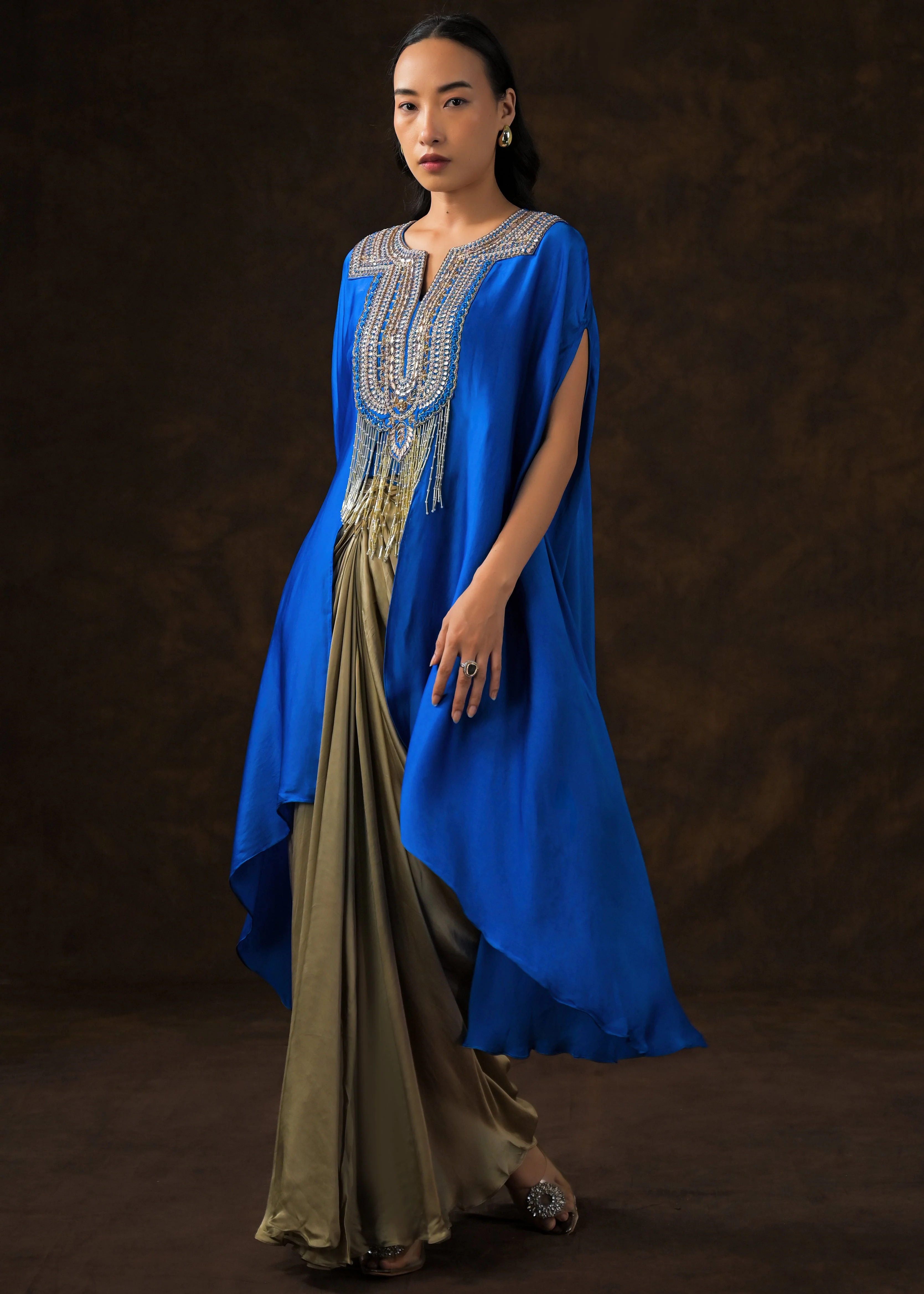 Royal Blue Embellished Satin Silk Drape Skirt Set - Image 4