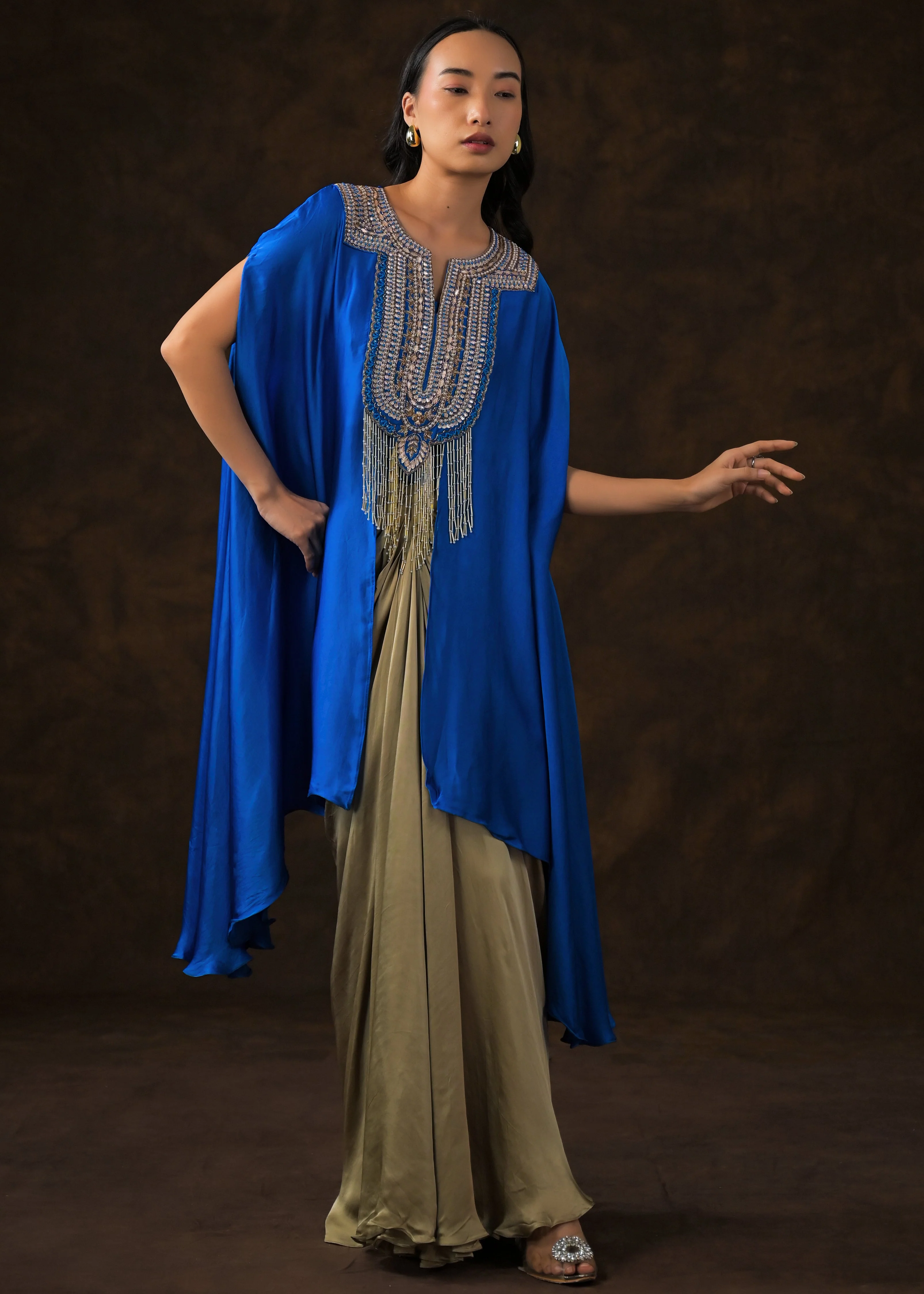Royal Blue Embellished Satin Silk Drape Skirt Set - Image 5