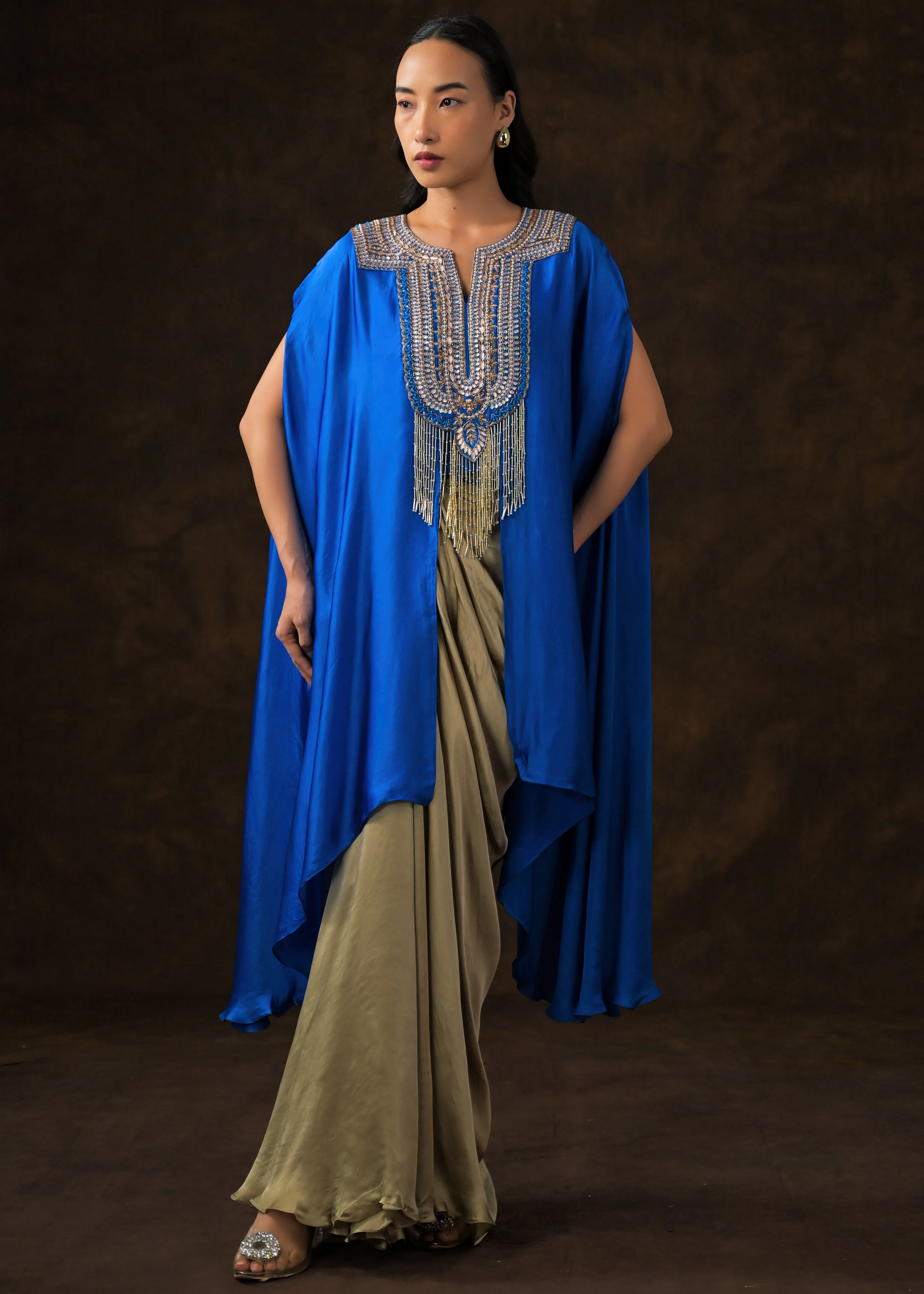 Royal Blue Embellished Satin Silk Drape Skirt Set - Image 6