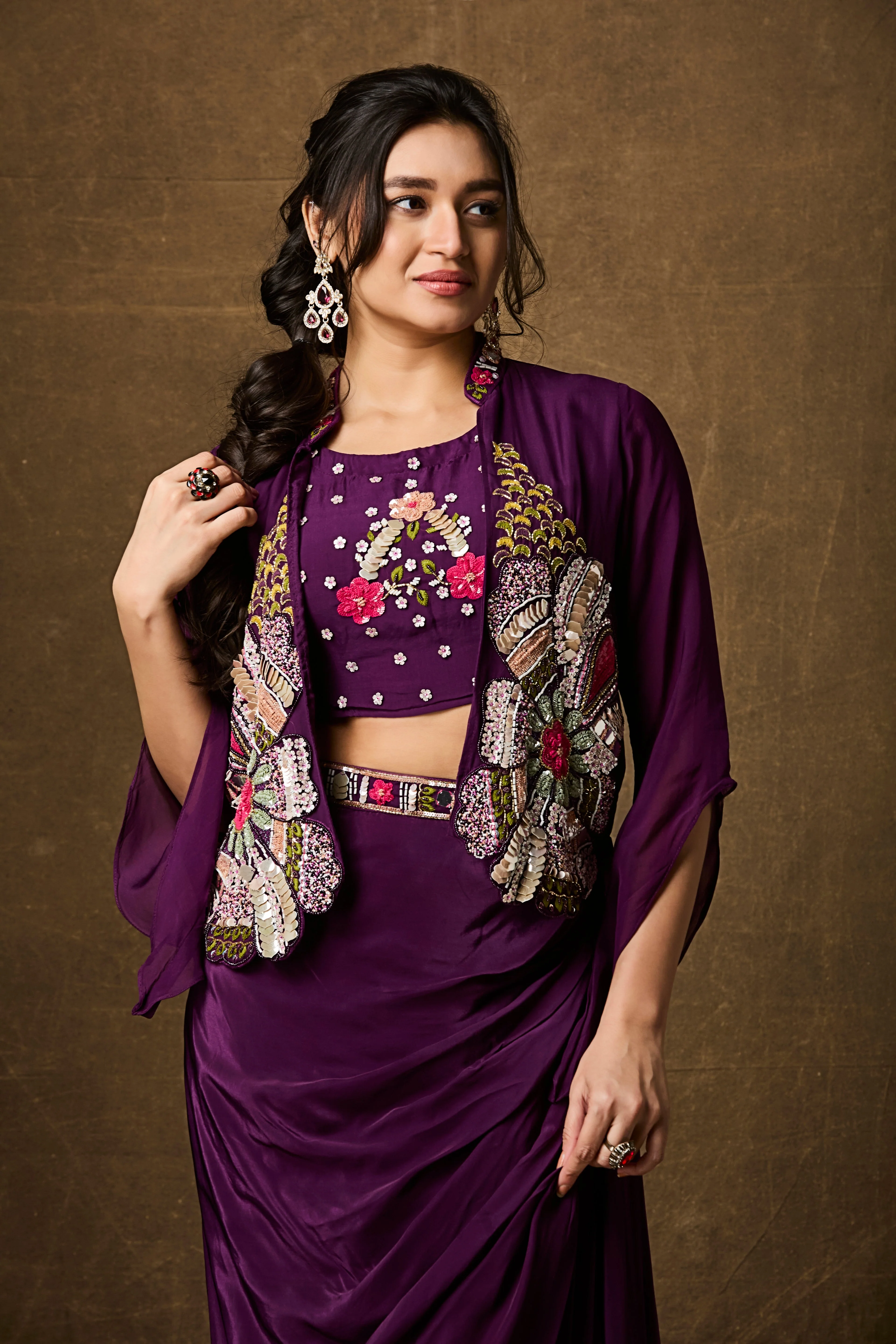 Royal Purple Embellished Crepe Silk Skirt Set - Image 2