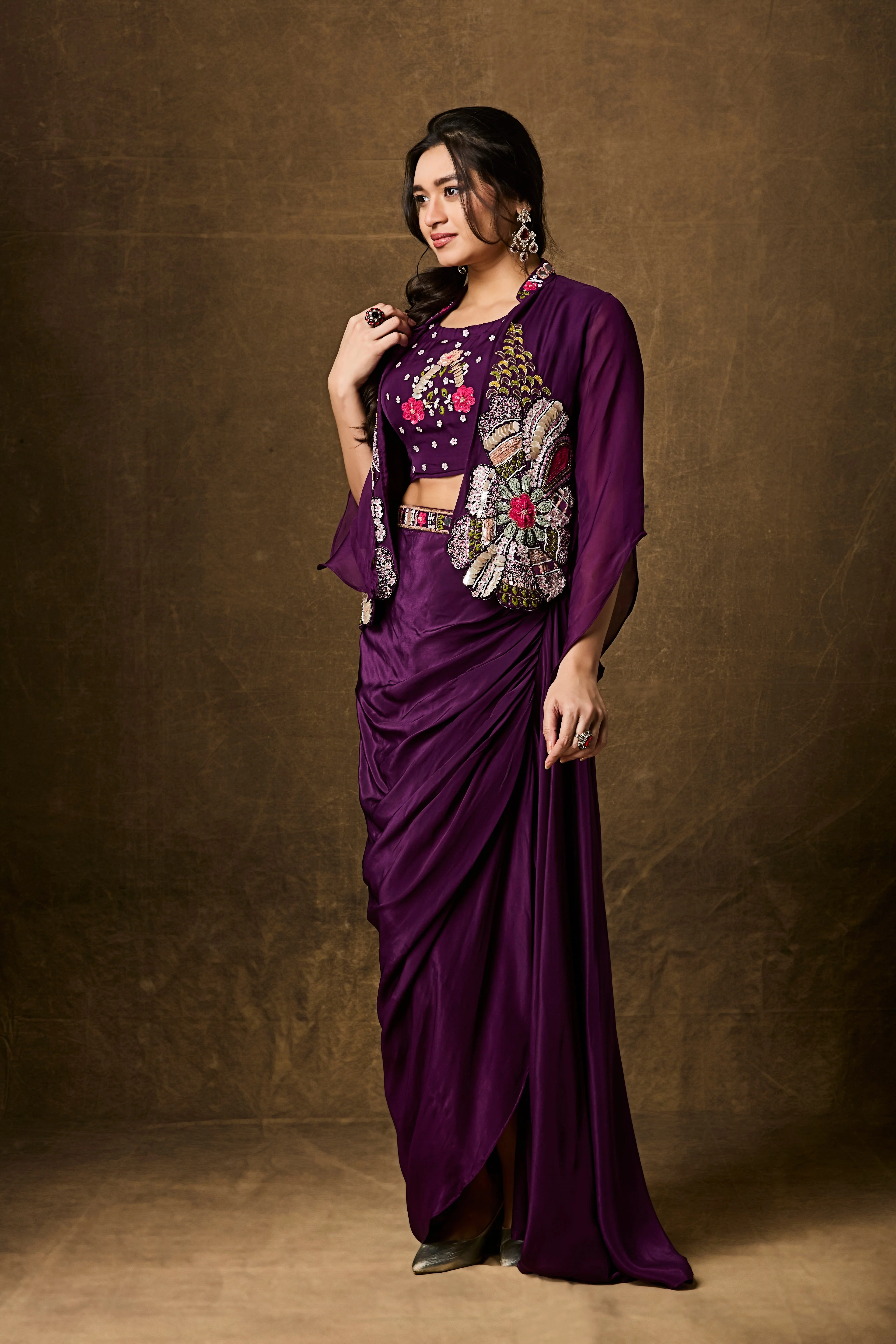 Royal Purple Embellished Crepe Silk Skirt Set - Image 3