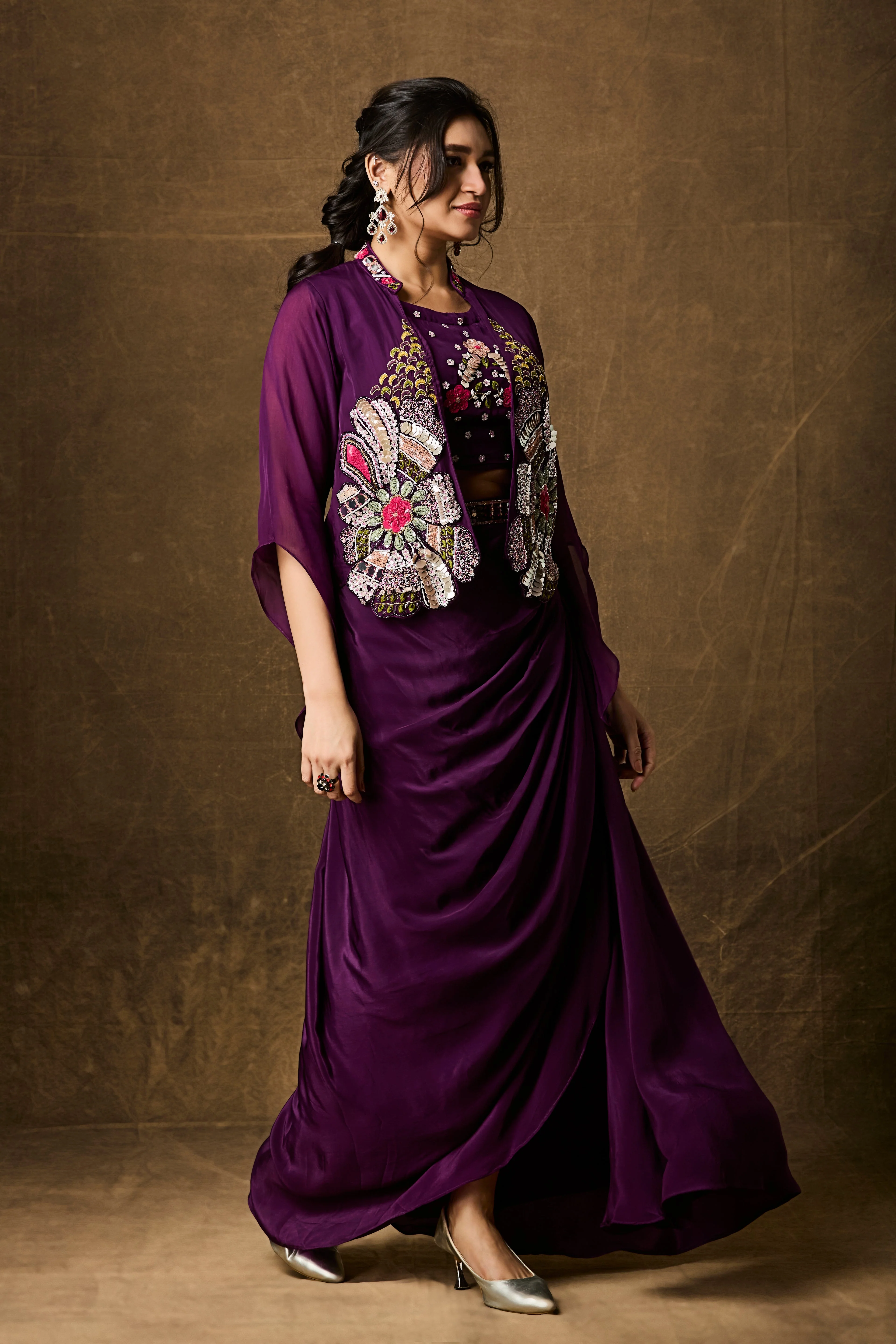Royal Purple Embellished Crepe Silk Skirt Set - Image 4