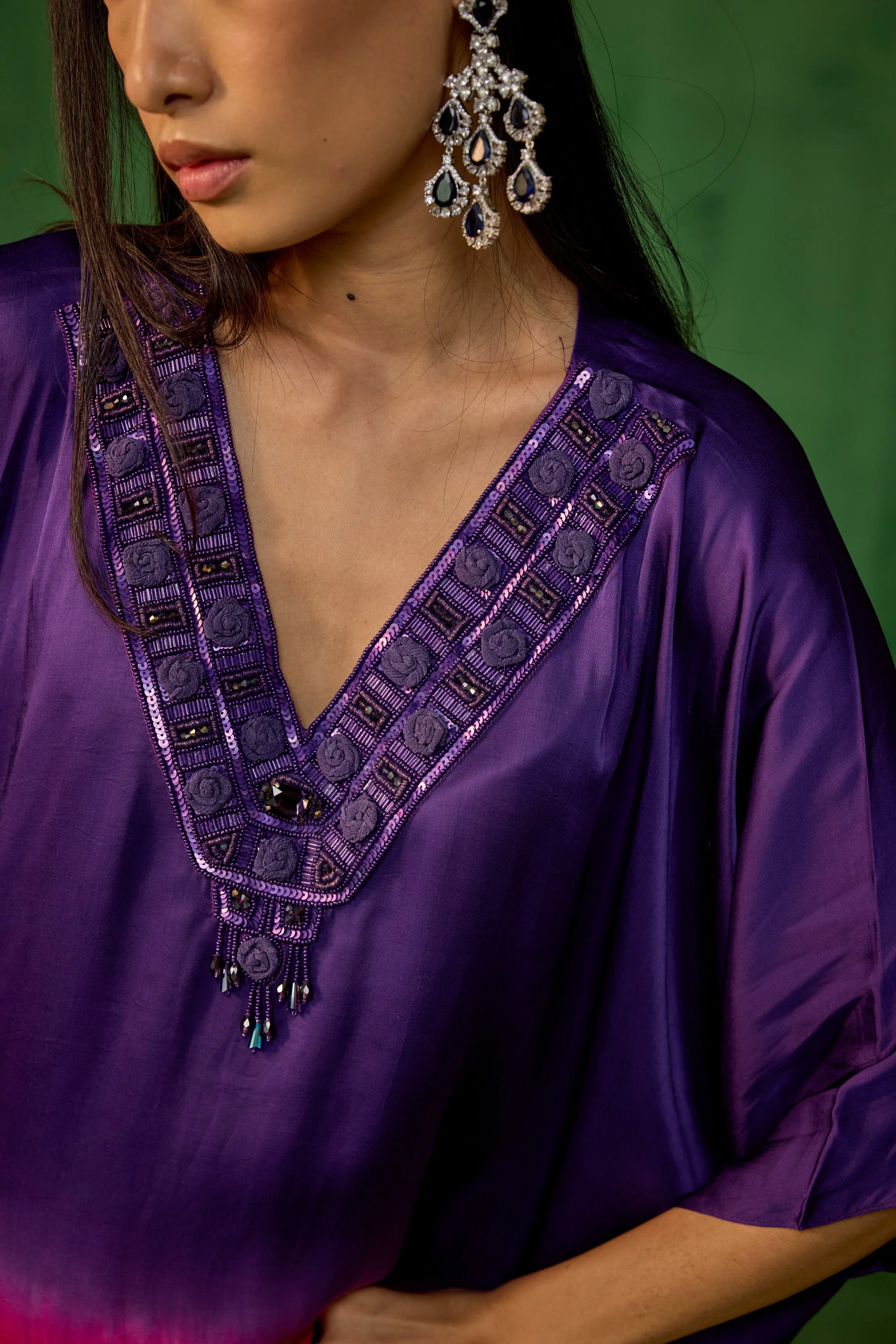 Royal Purple Embellished Satin Silk Kaftan Set - Image 2