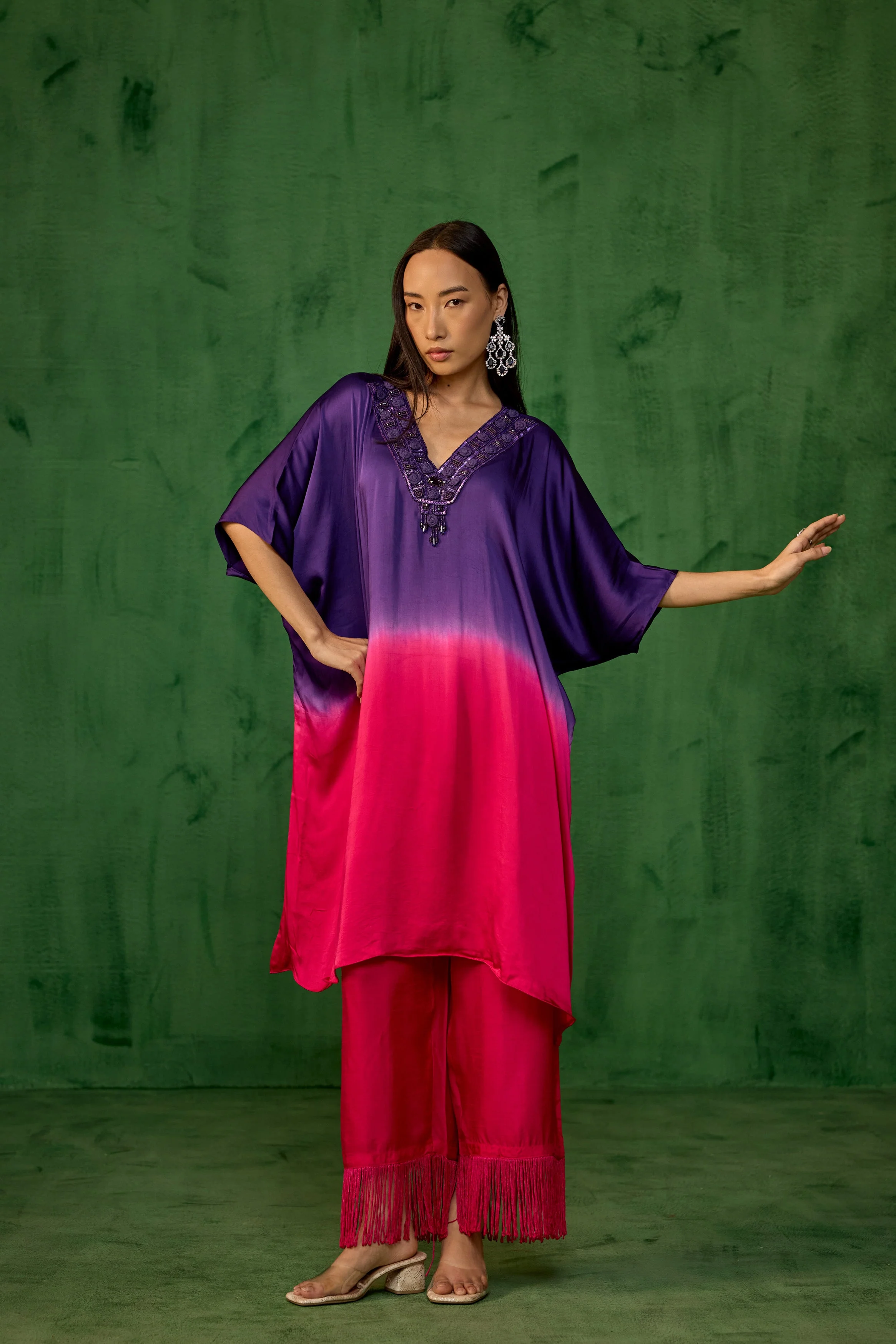 Royal Purple Embellished Satin Silk Kaftan Set - Image 3