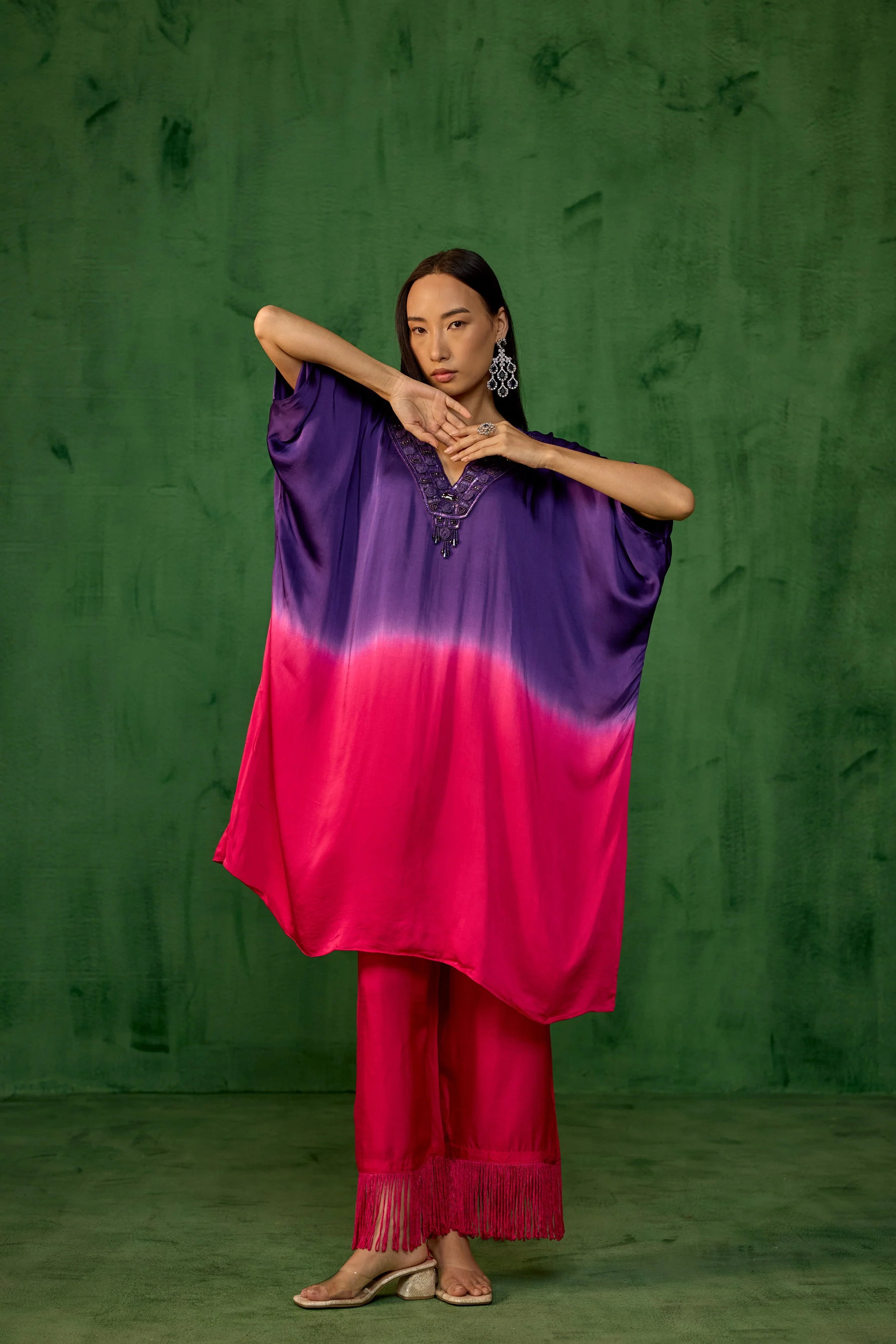 Royal Purple Embellished Satin Silk Kaftan Set - Image 4