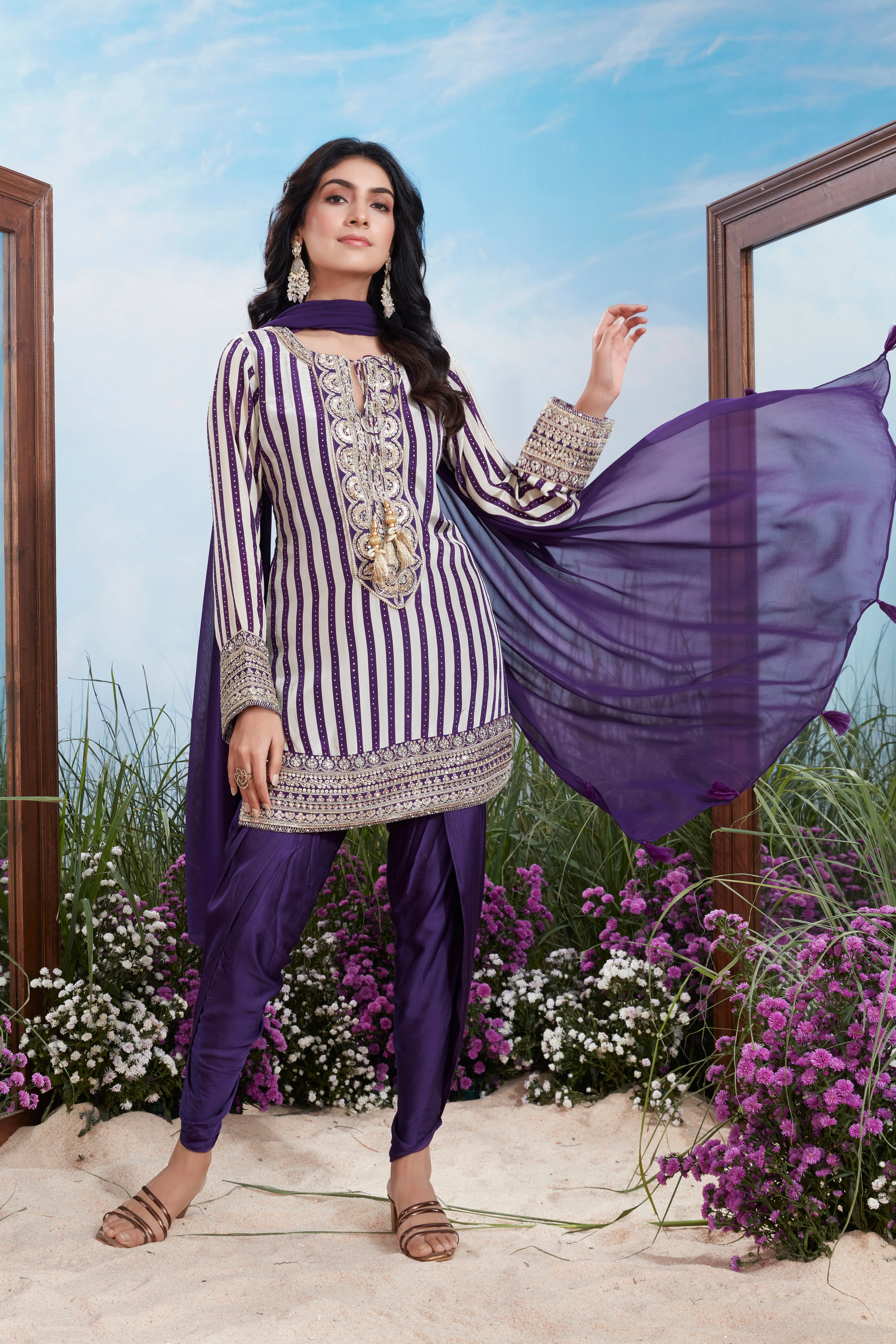 Royal Purple Striped Premium Silk Pant Set - Image 2