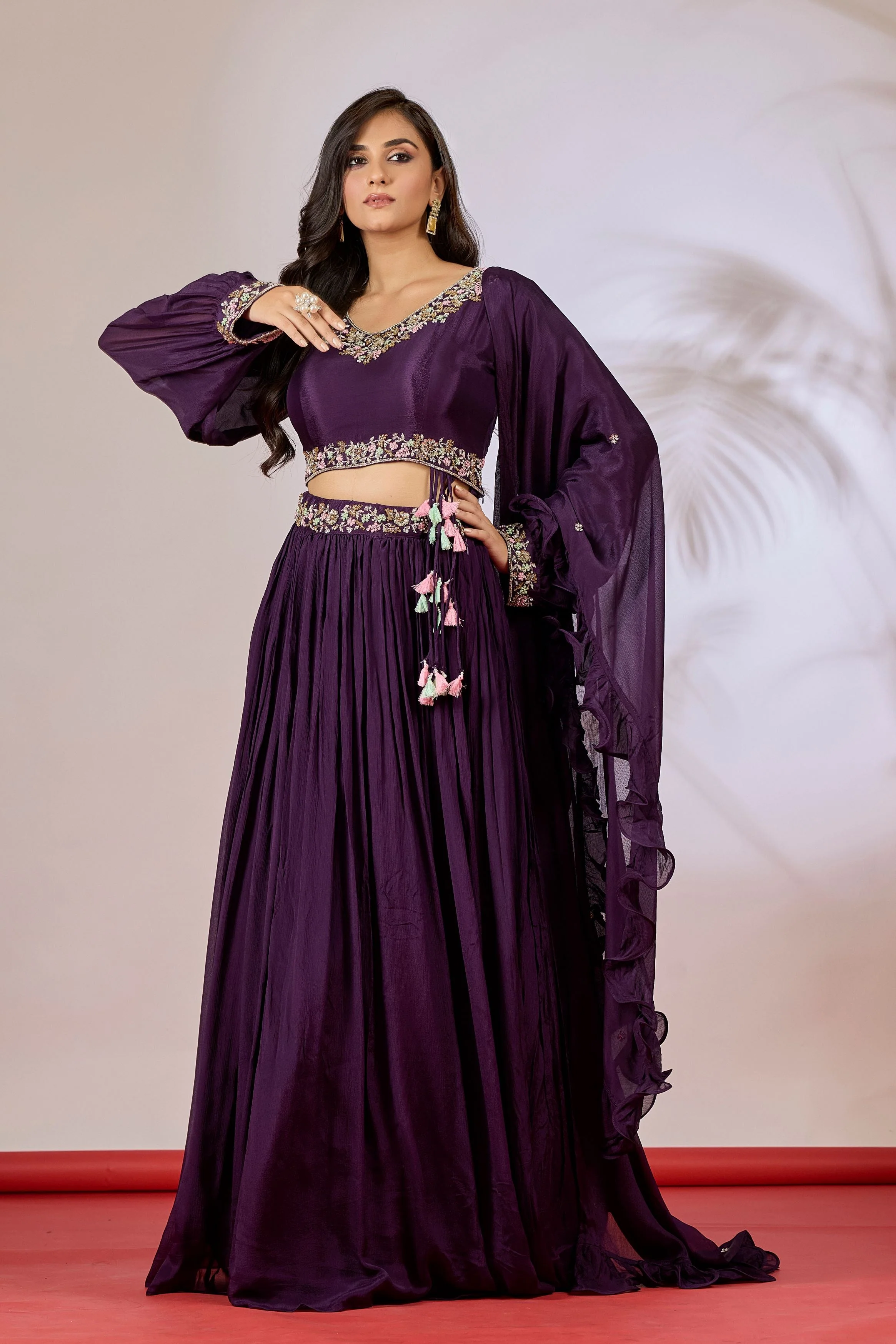 Deep Purple Embellished Chinon Silk Skirt Set - Image 3