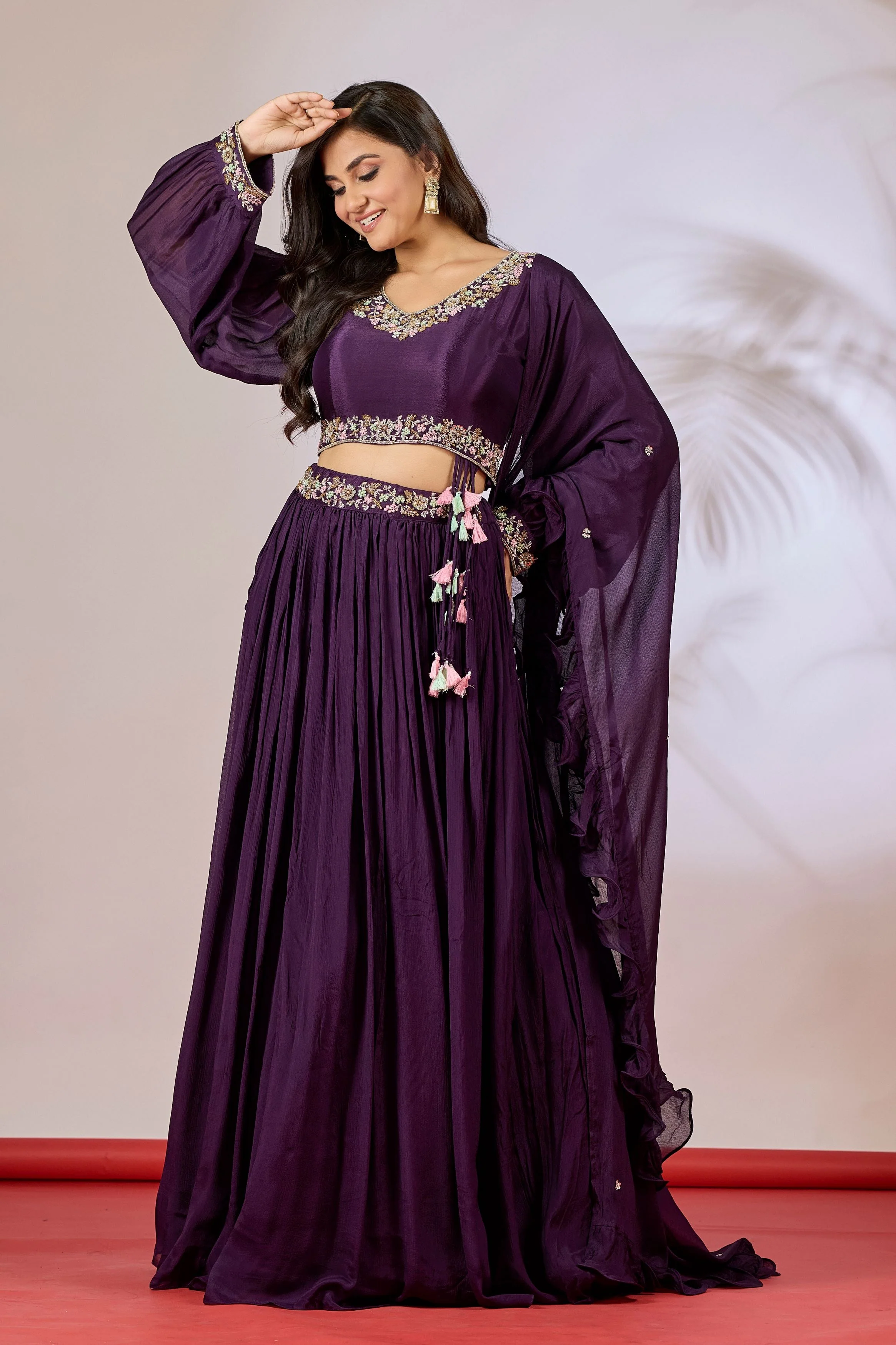 Deep Purple Embellished Chinon Silk Skirt Set - Image 4