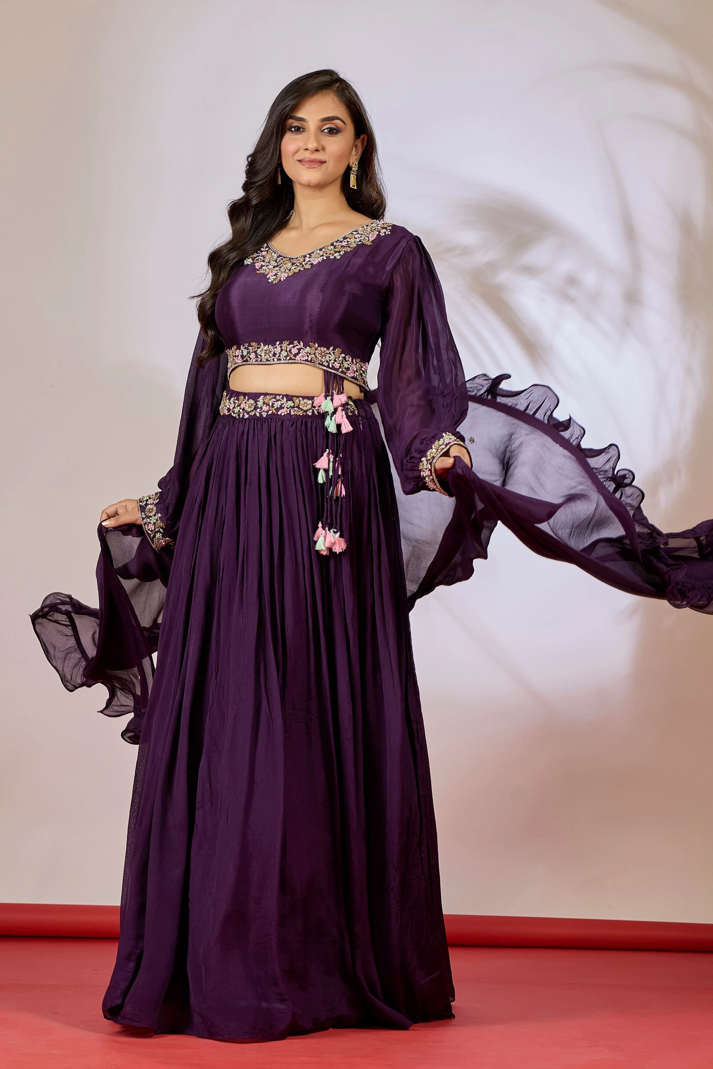 Deep Purple Embellished Chinon Silk Skirt Set - Image 5