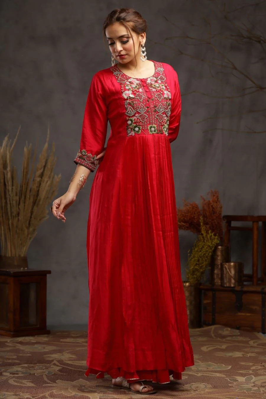 Ruby Muslin Silk Kalidar And Pleating Gown - Image 3