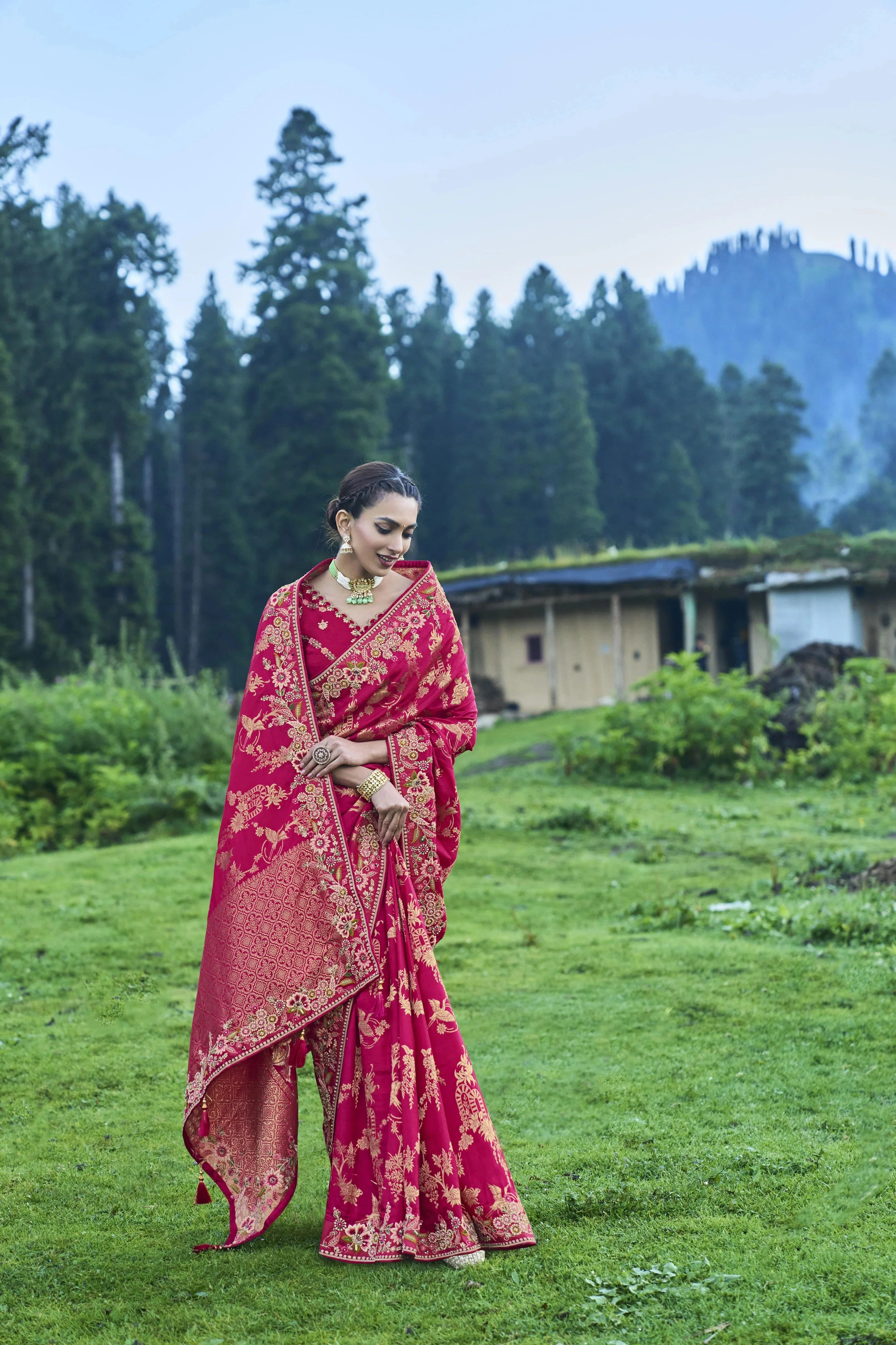 Ruby Pink Traditional Printed Pure Dola Silk Saree - Image 3