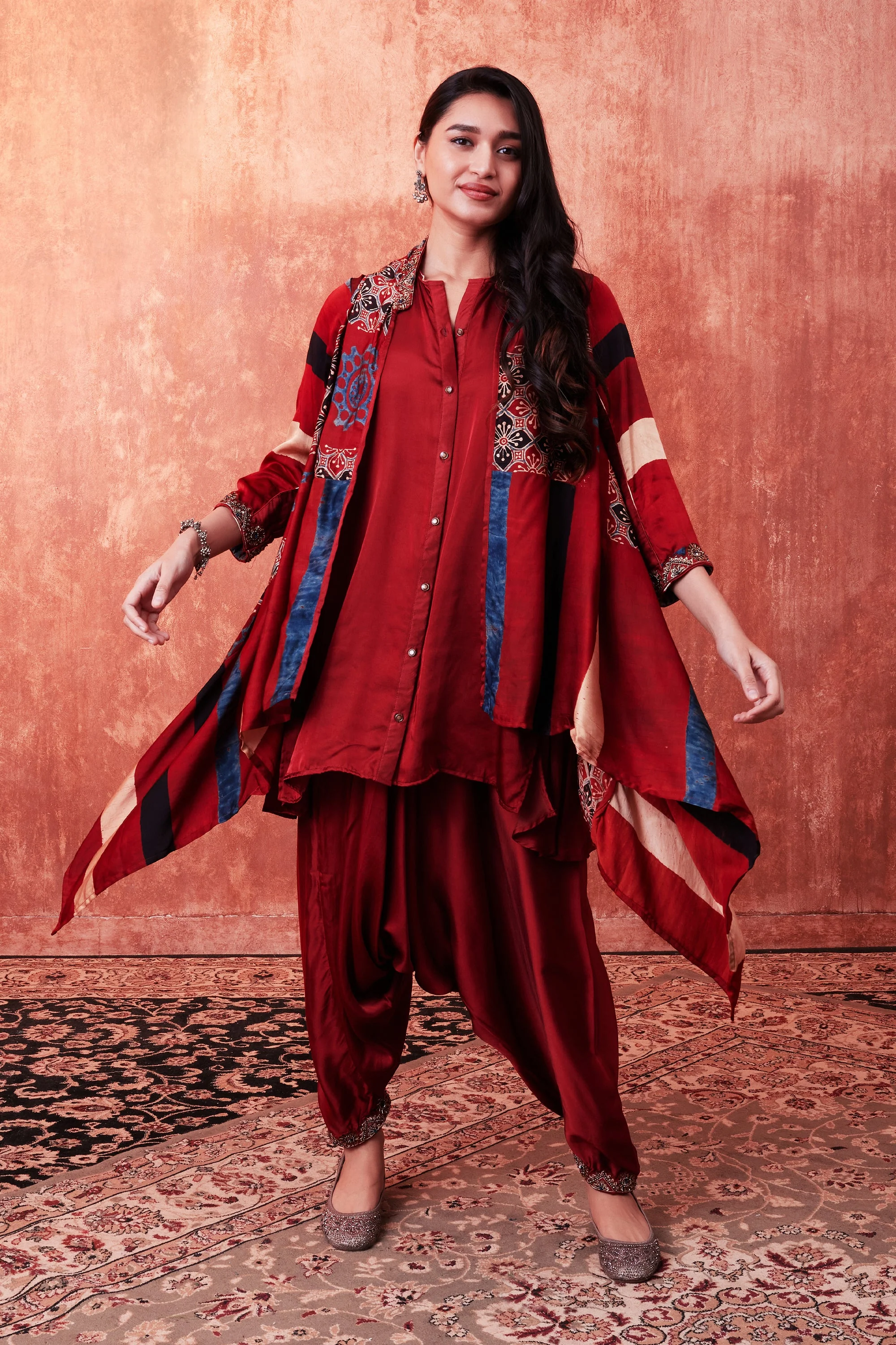 Ruby Red Ajrakh Printed Habutai Silk Cape Suit Set - Image 2