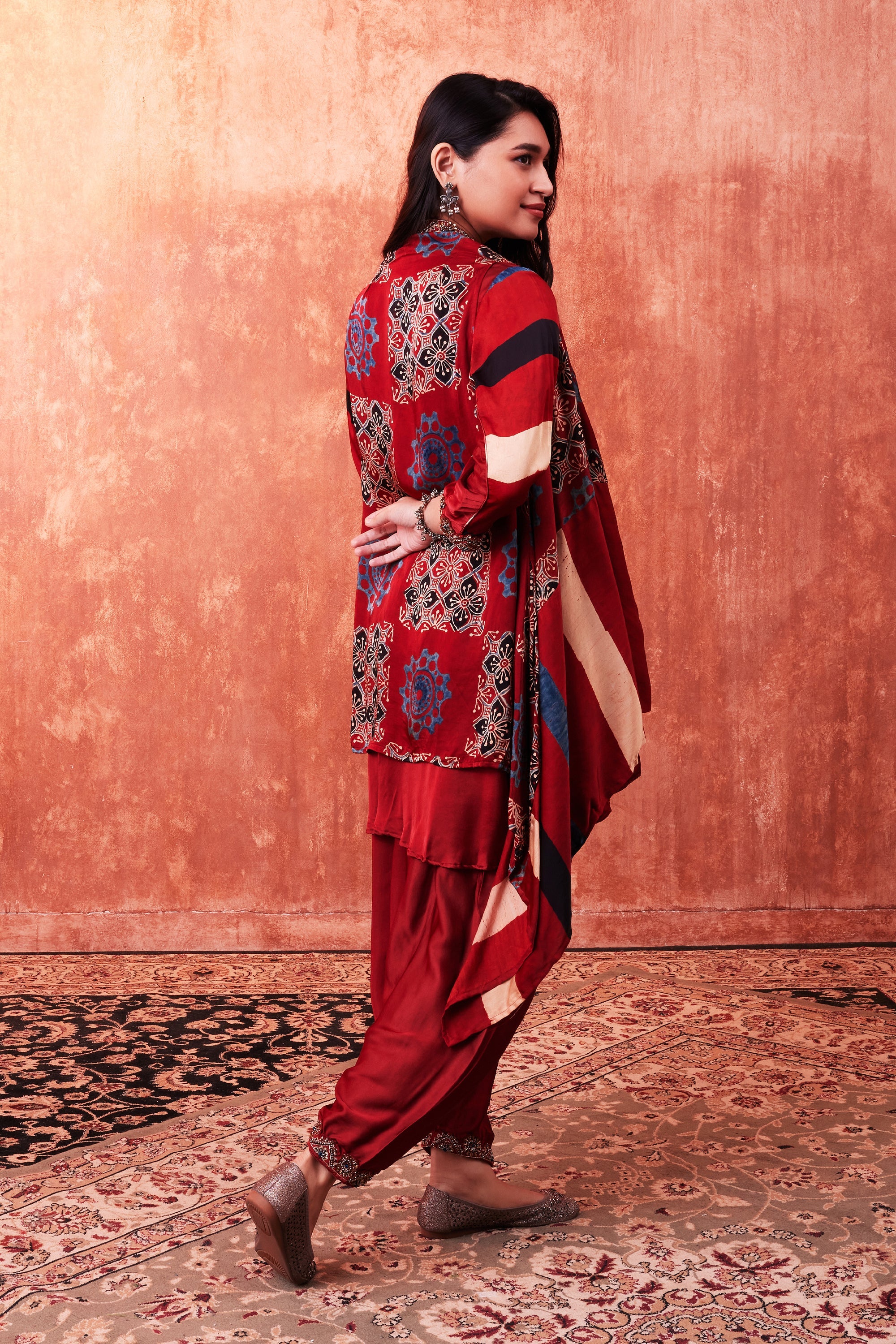 Ruby Red Ajrakh Printed Habutai Silk Cape Suit Set - Image 3