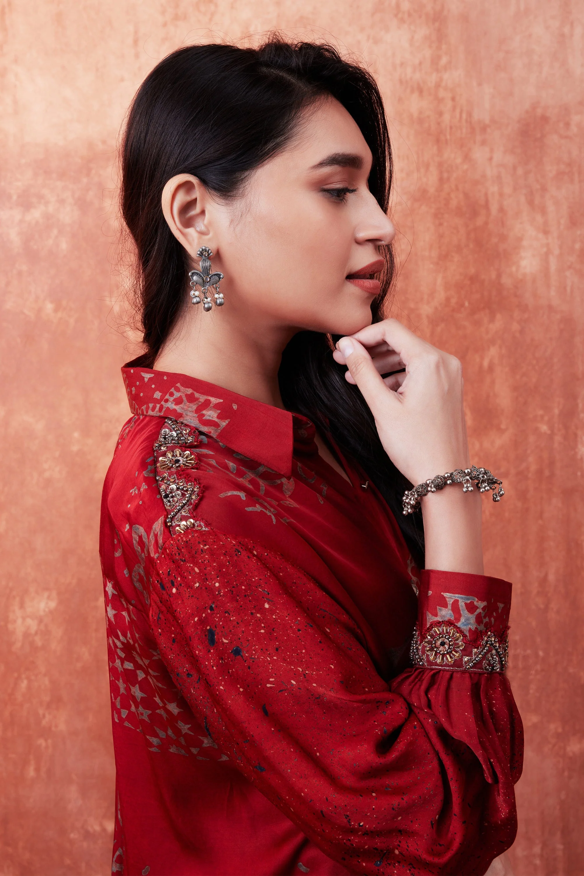Ruby Red Ajrakh Printed Habutai Silk Co-Ord Set - Image 2