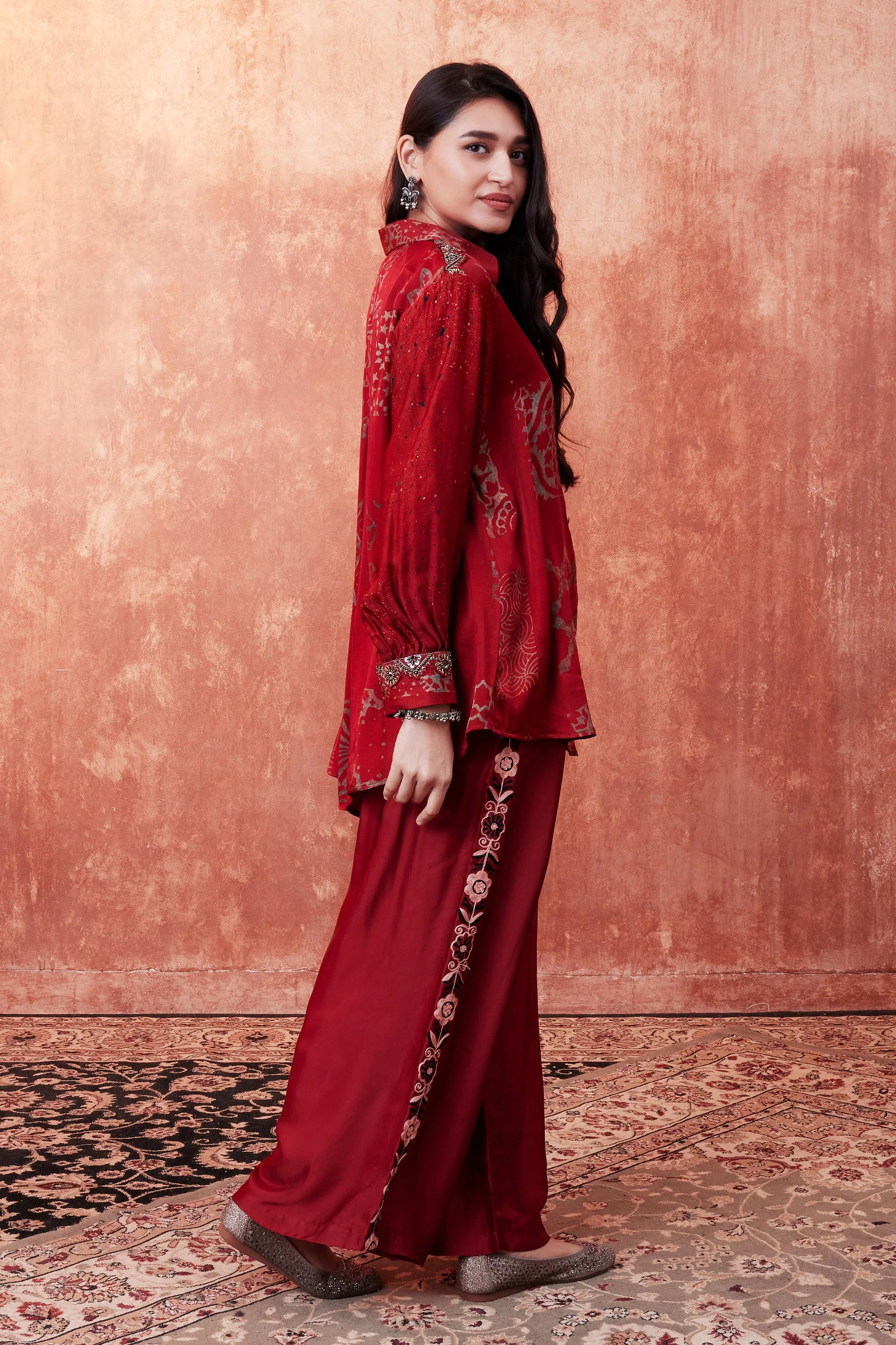 Ruby Red Ajrakh Printed Habutai Silk Co-Ord Set - Image 3