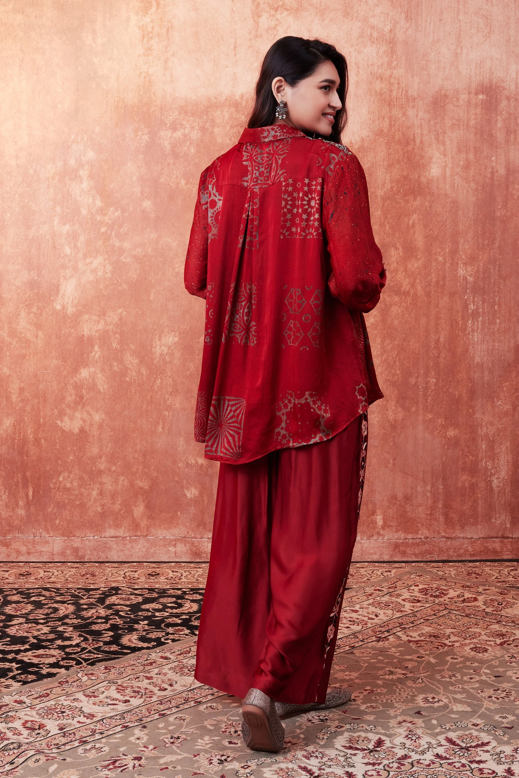 Ruby Red Ajrakh Printed Habutai Silk Co-Ord Set - Image 4