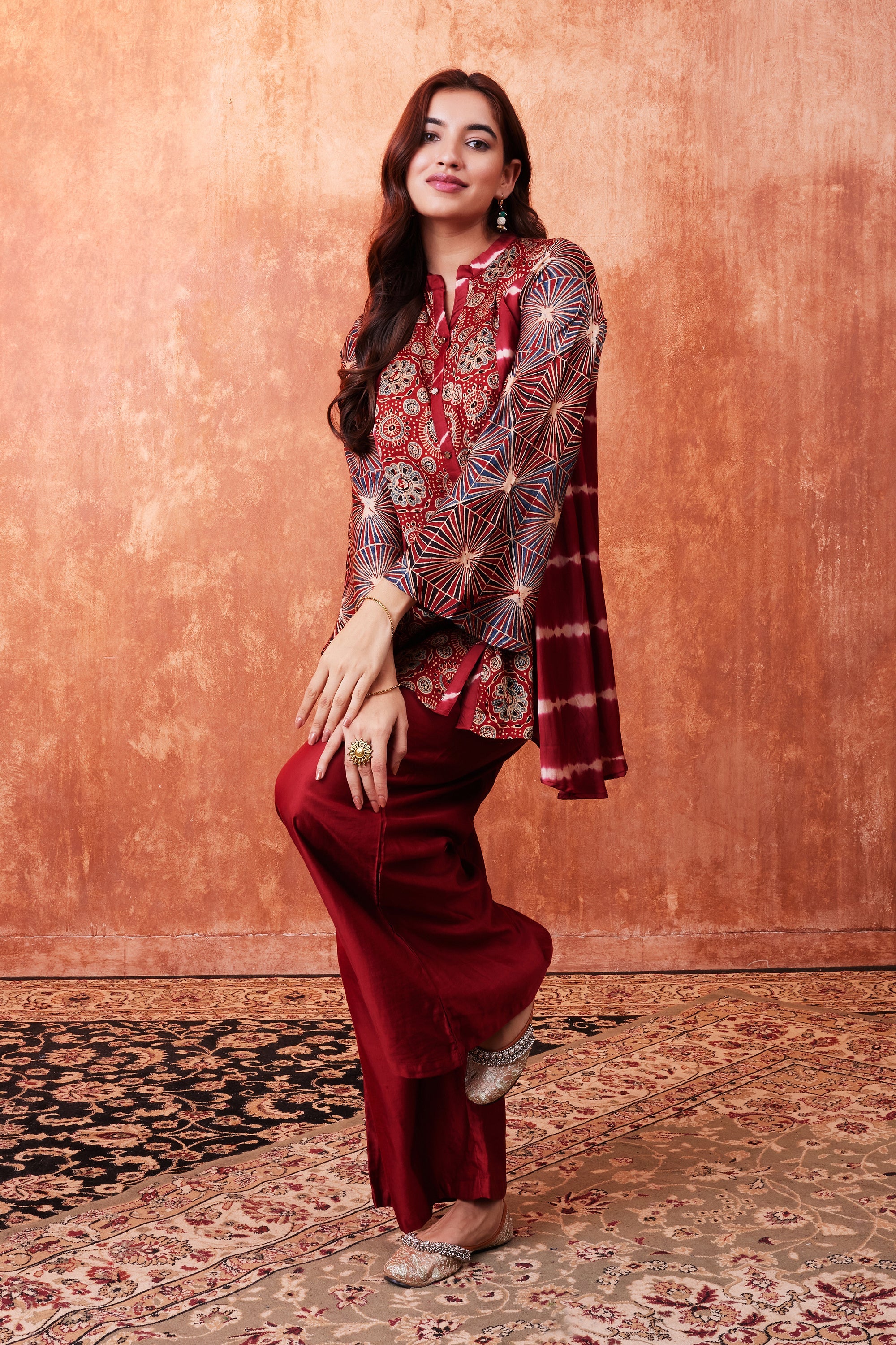 Ruby Red Ajrakh Printed Habutai Silk Kurta Palazzo Set - Image 2