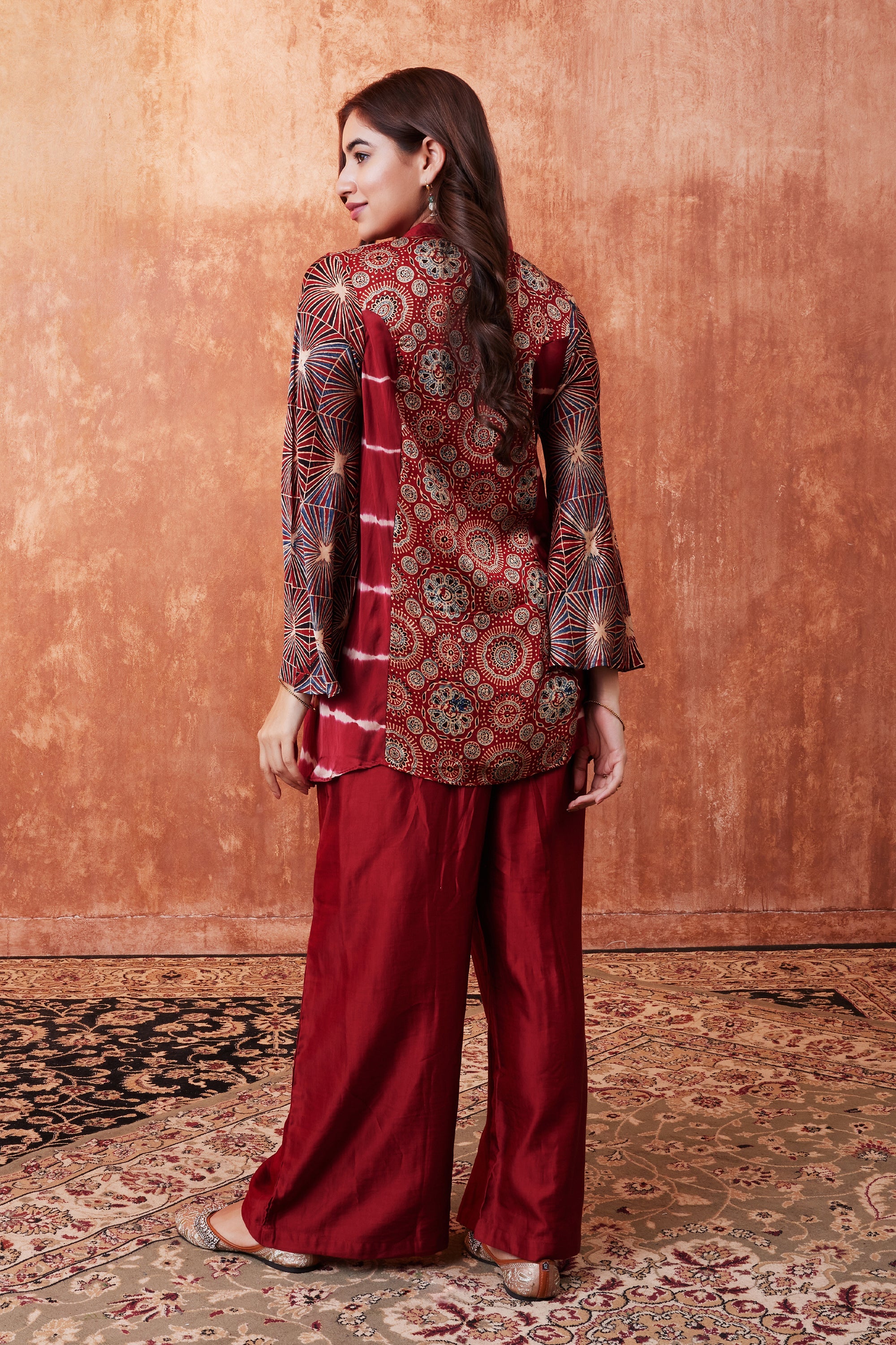 Ruby Red Ajrakh Printed Habutai Silk Kurta Palazzo Set - Image 3