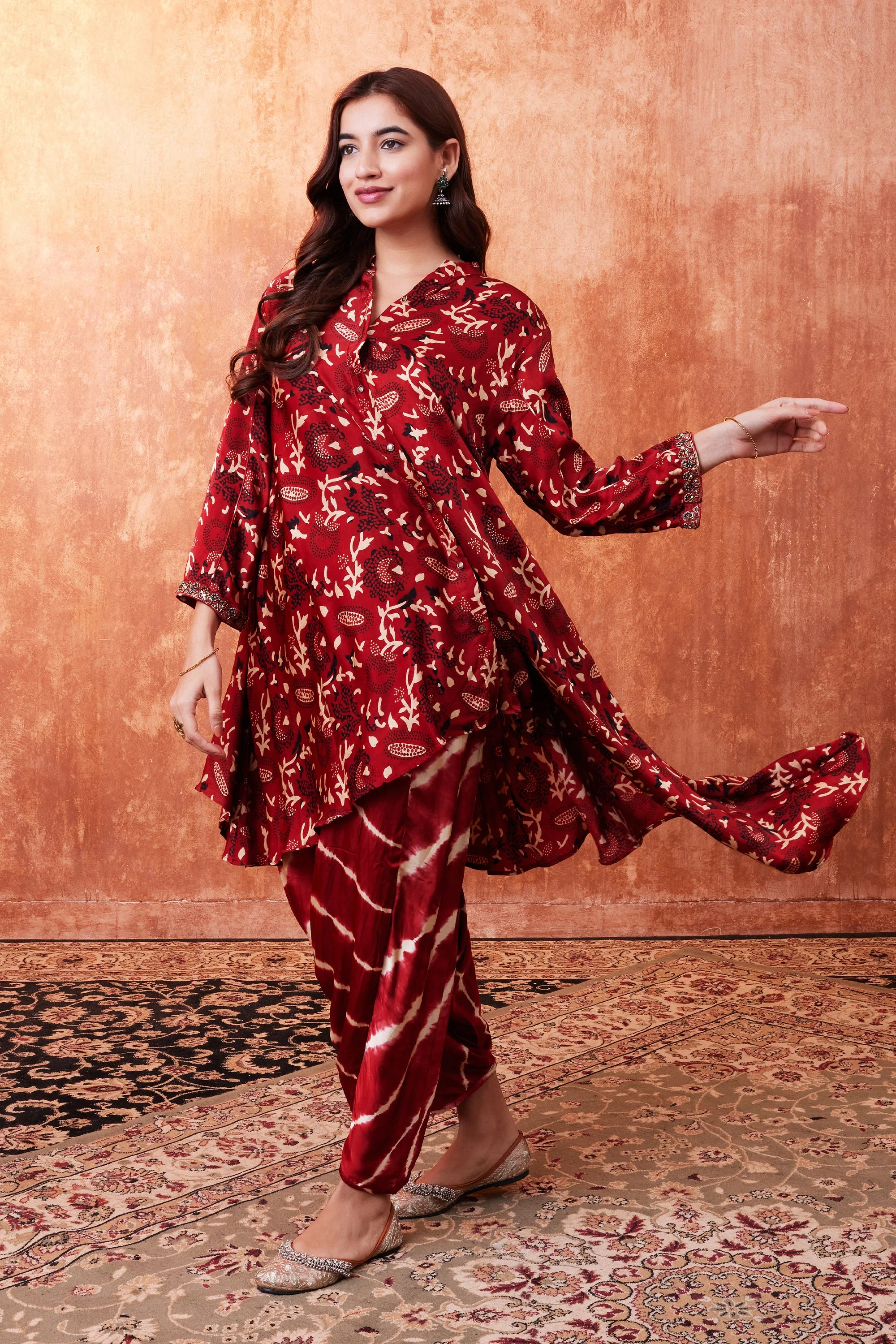 Ruby Red Ajrakh Printed Habutai Silk Kurta Salwar Set - Image 2
