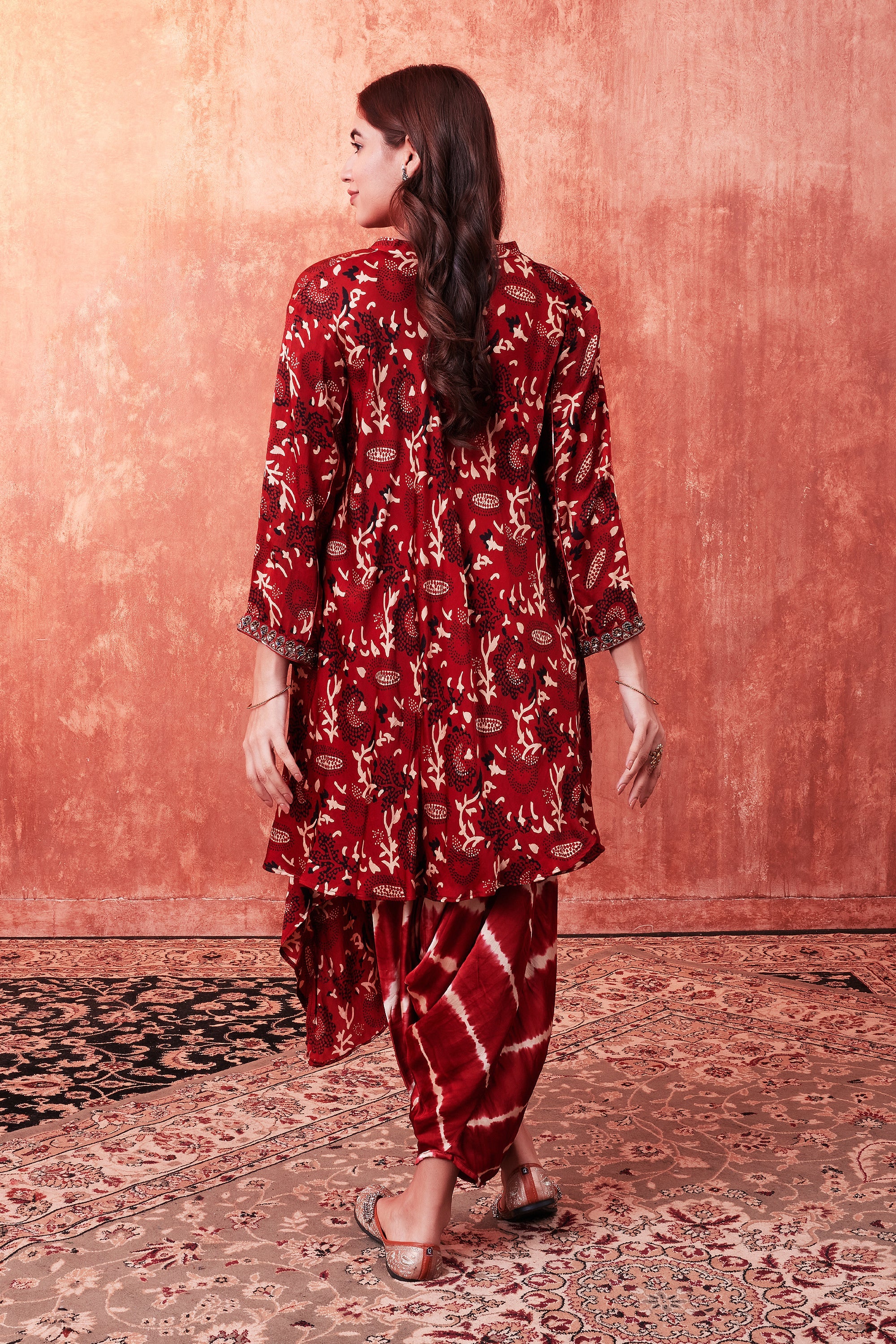 Ruby Red Ajrakh Printed Habutai Silk Kurta Salwar Set - Image 3