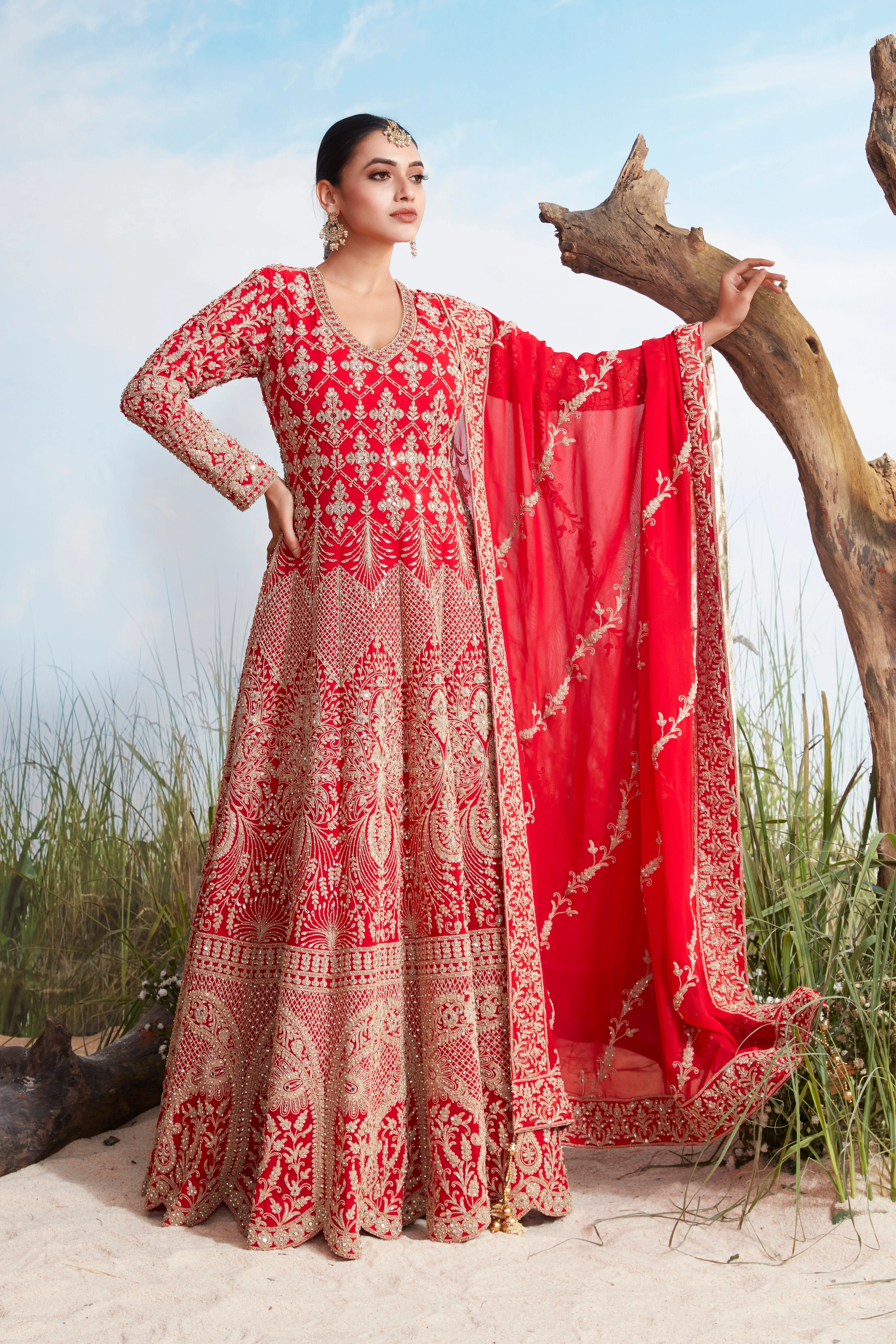 Ruby Red Embellished Georgette Silk Anarkali Set - Image 2