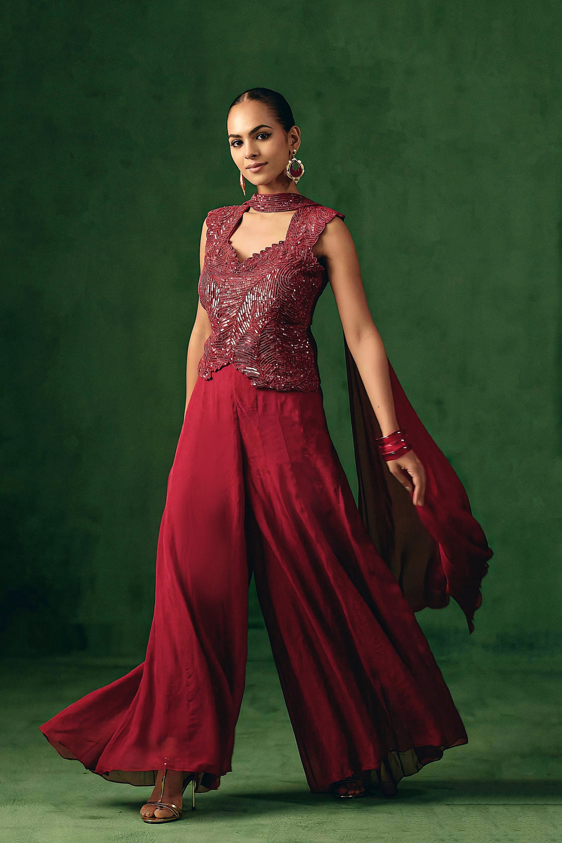 Ruby Red Embellished Organza Silk Palazzo Set - Image 4