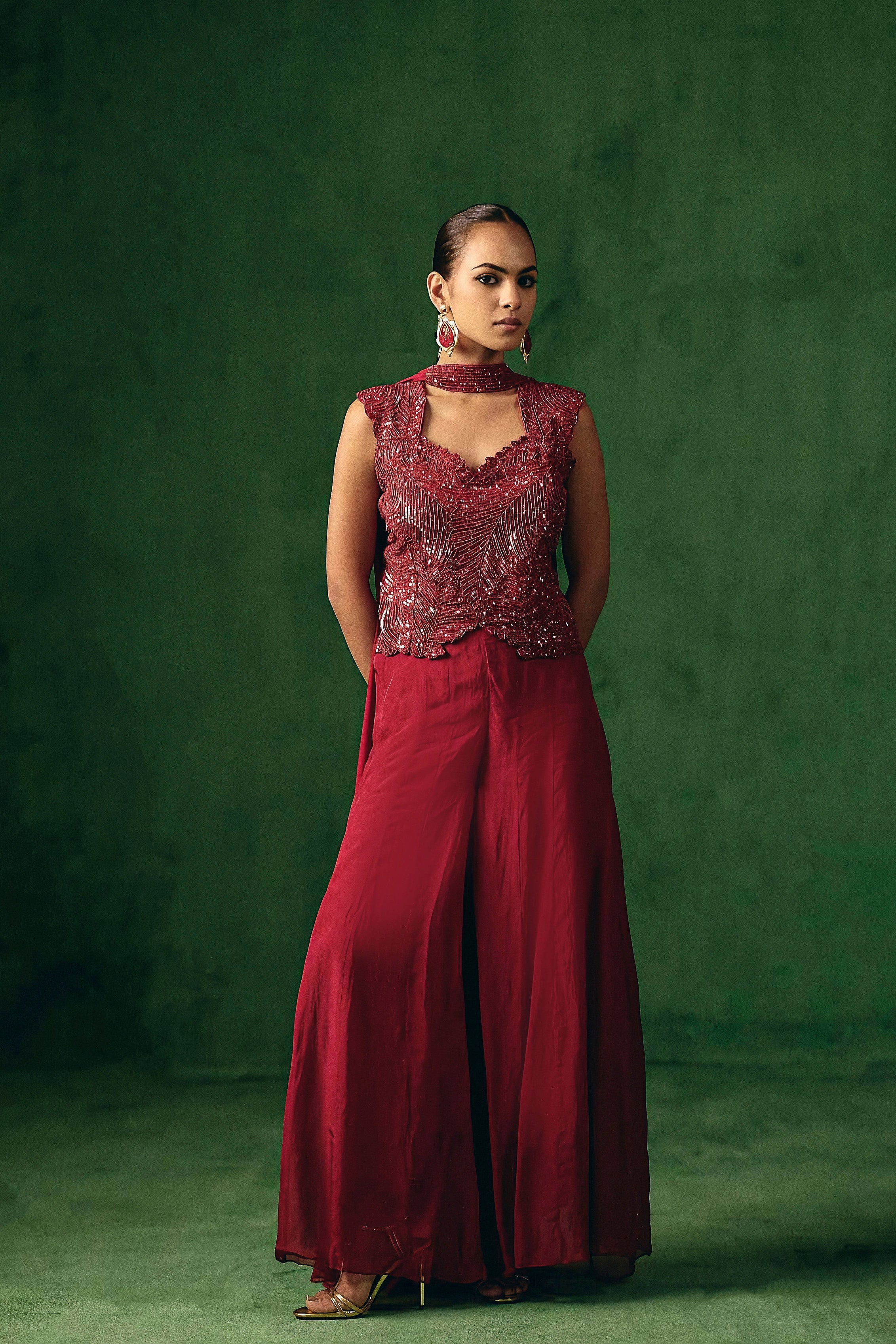 Ruby Red Embellished Organza Silk Palazzo Set - Image 5