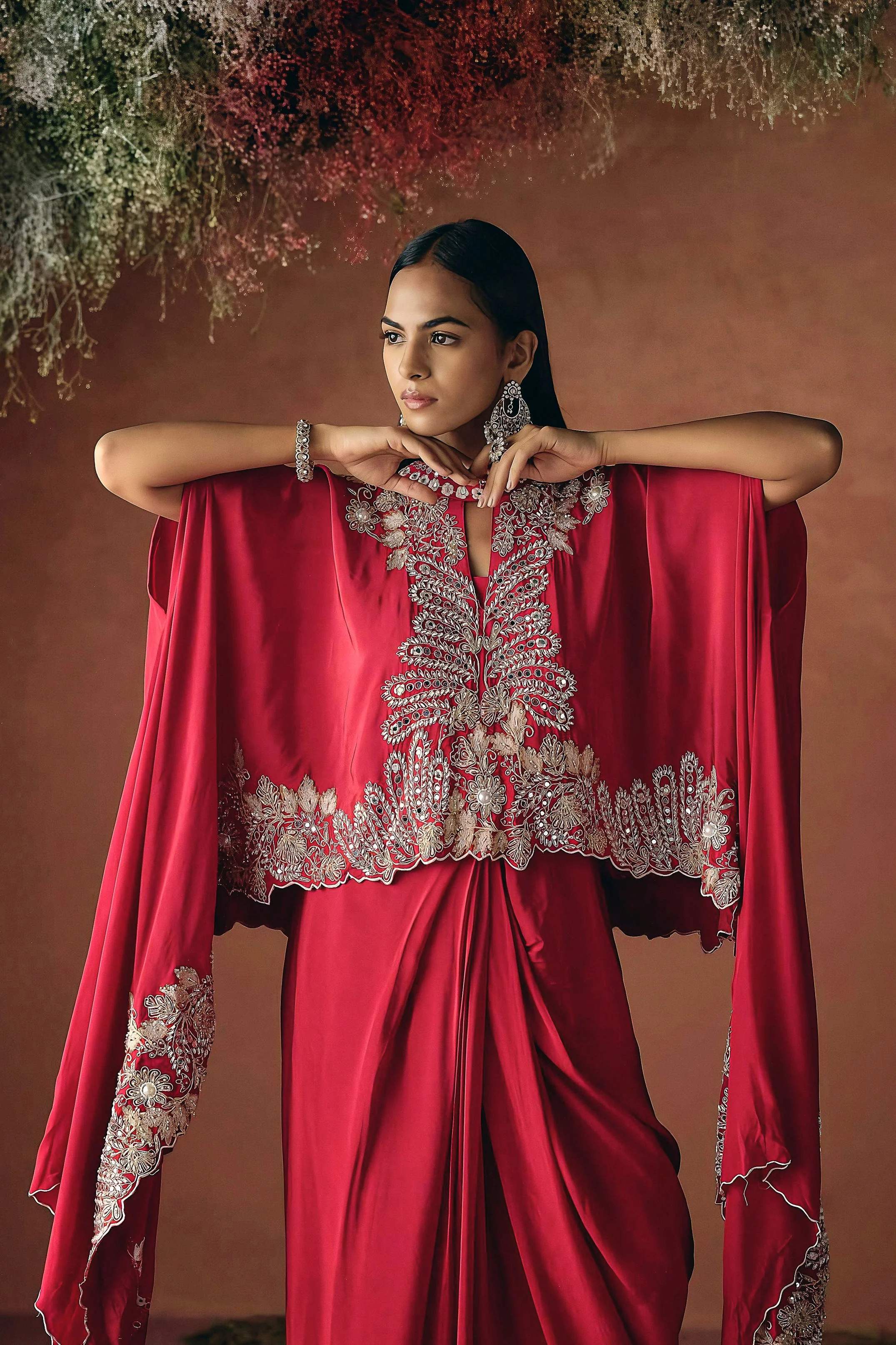 Ruby Red Embellished Premium Silk Skirt Set - Image 3