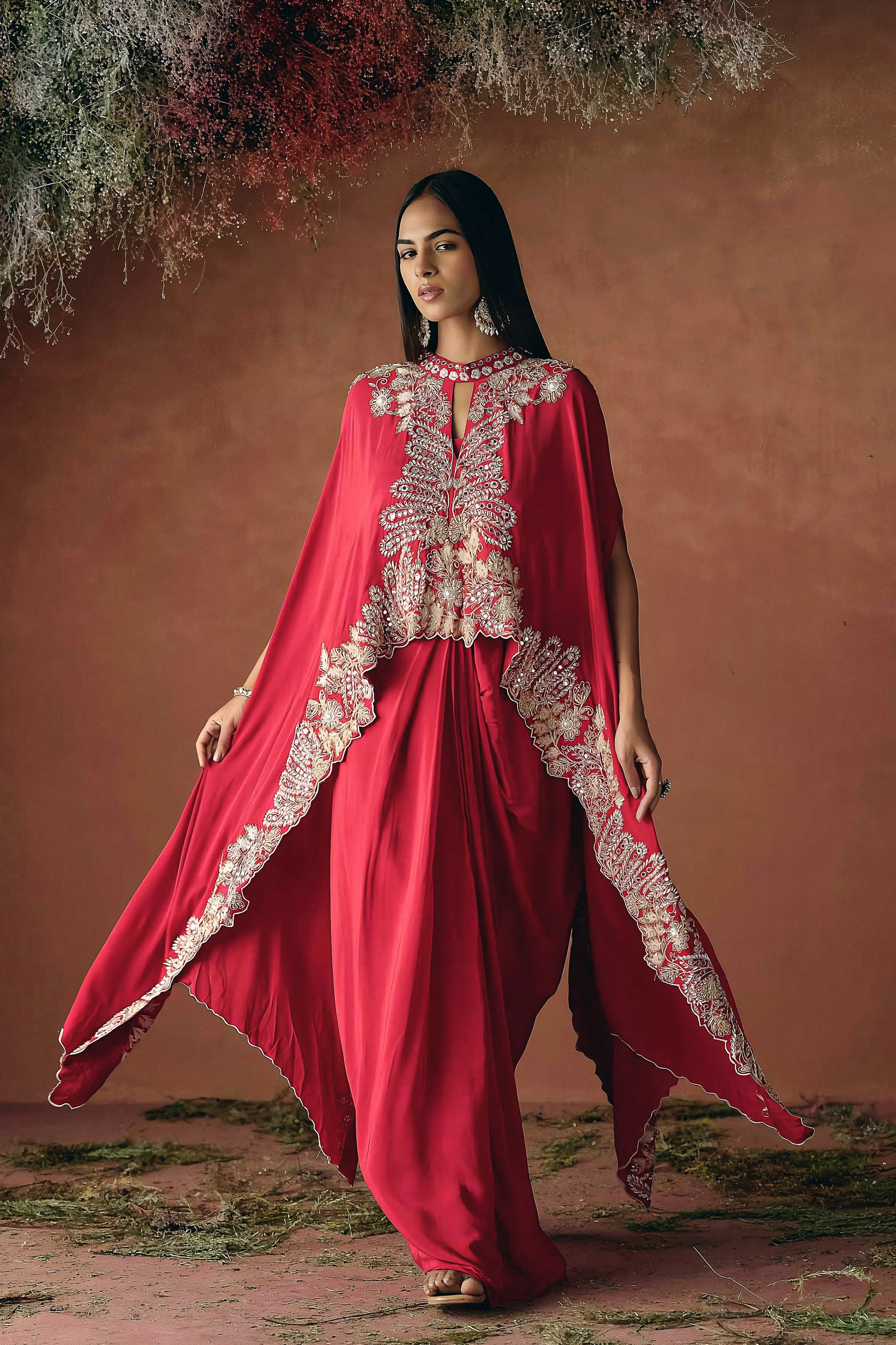 Ruby Red Embellished Premium Silk Skirt Set - Image 4