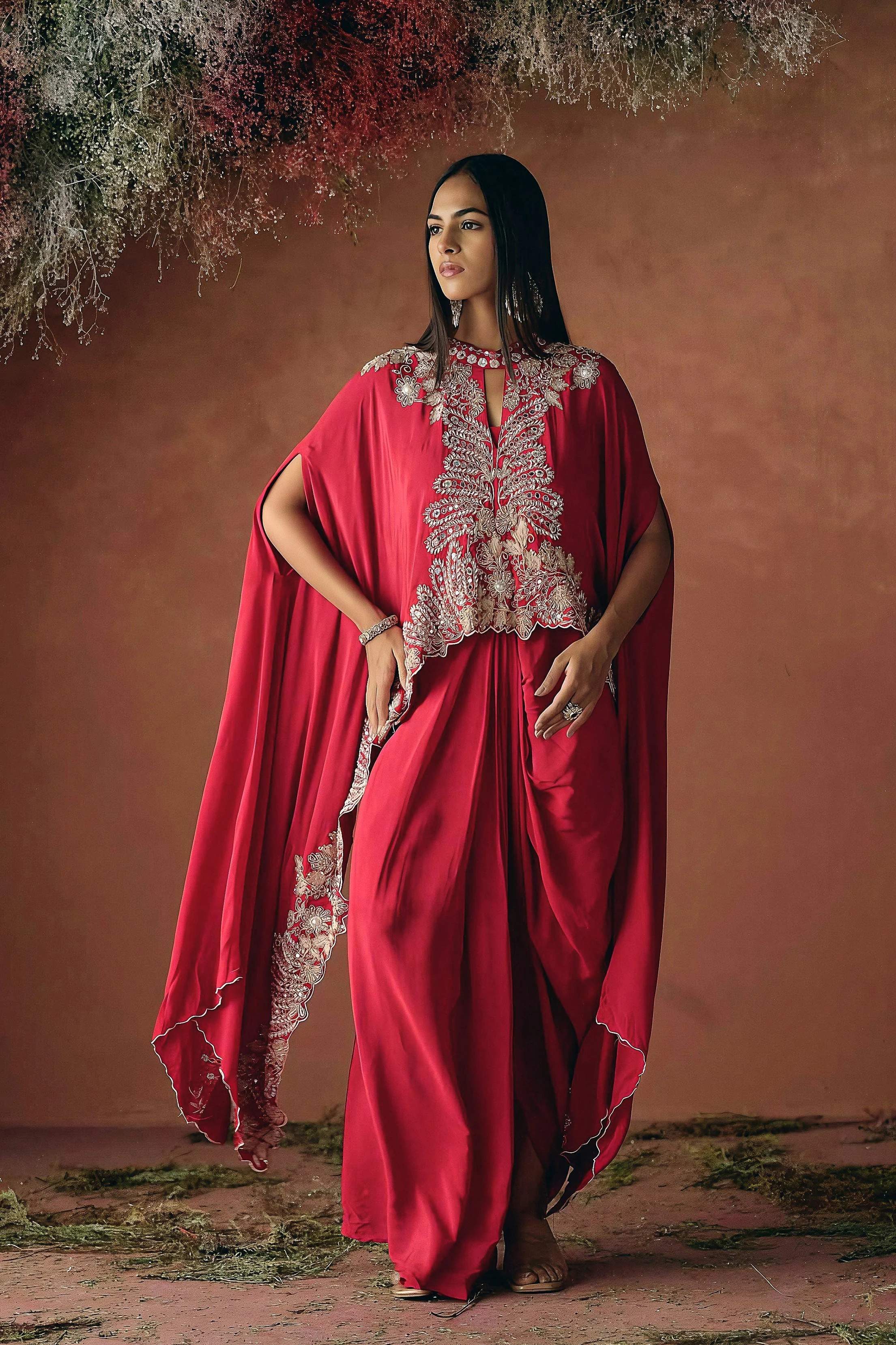 Ruby Red Embellished Premium Silk Skirt Set - Image 5