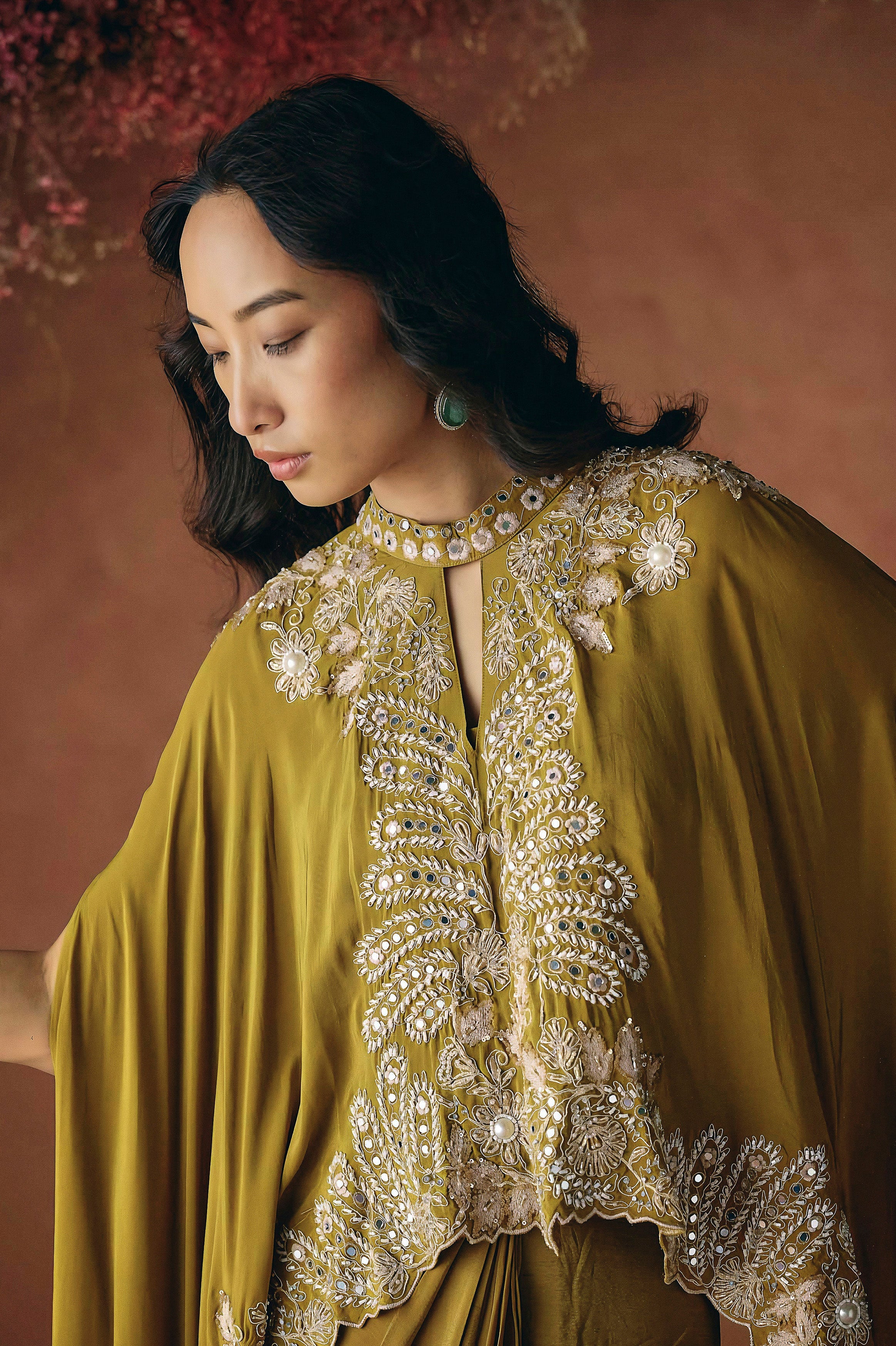 Mustard Embellished Premium Silk Skirt Set - Image 3