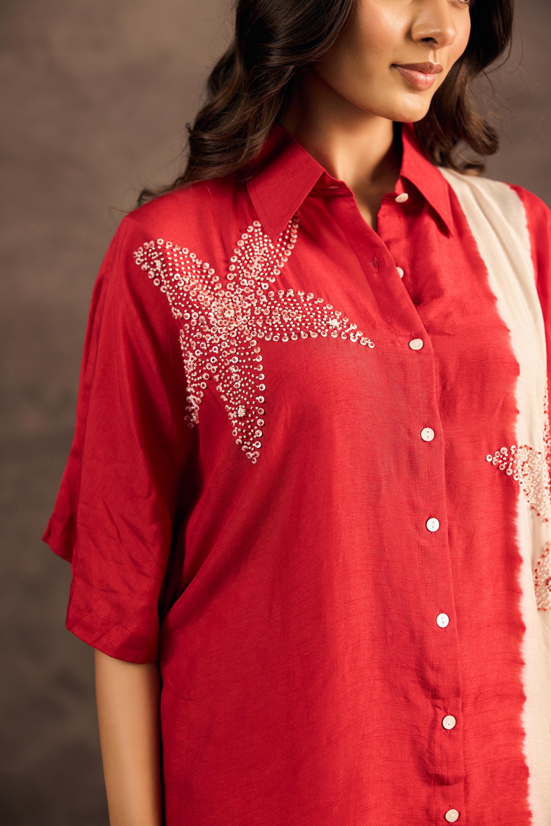 Ruby Red Embellished Raw Silk Co-Ord Set - Image 2