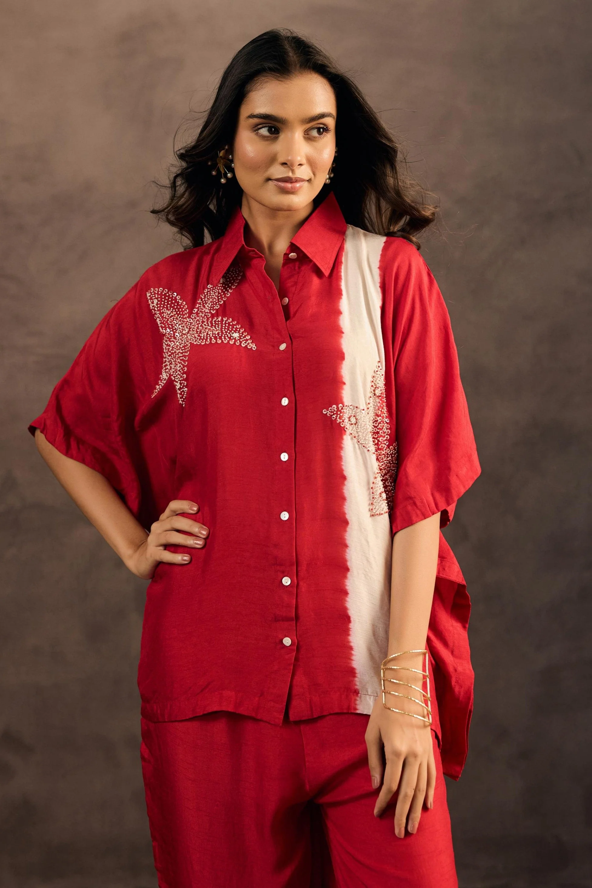 Ruby Red Embellished Raw Silk Co-Ord Set - Image 3
