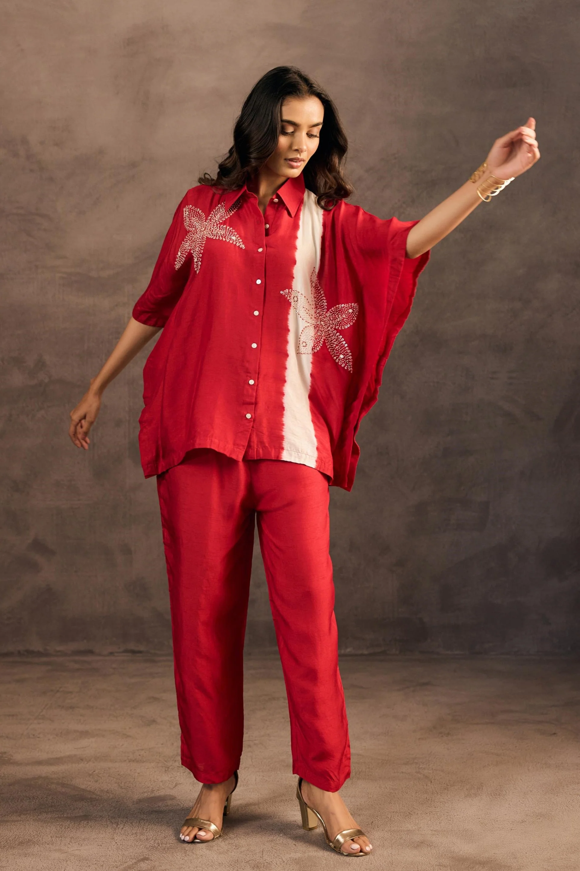 Ruby Red Embellished Raw Silk Co-Ord Set - Image 4