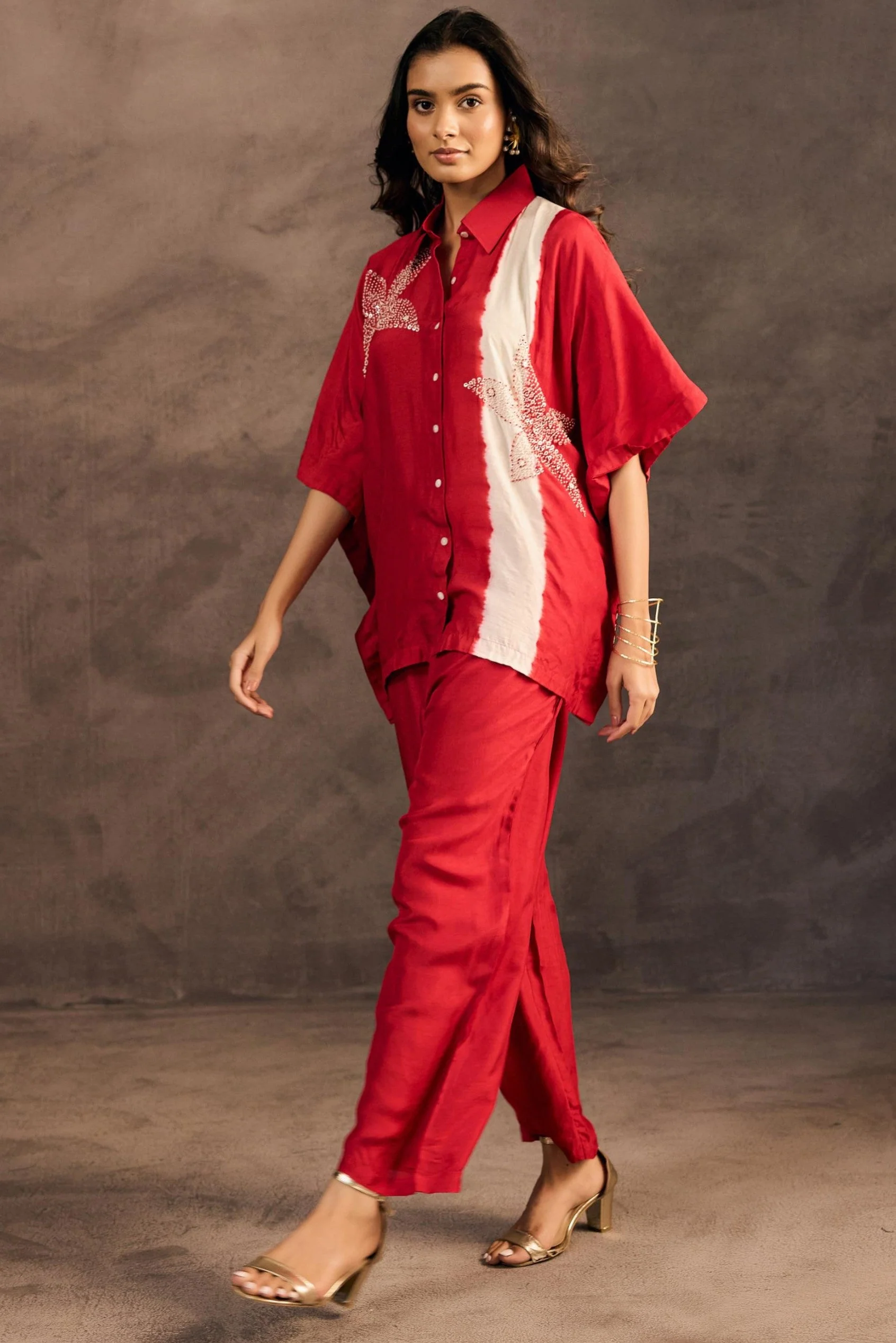 Ruby Red Embellished Raw Silk Co-Ord Set - Image 5