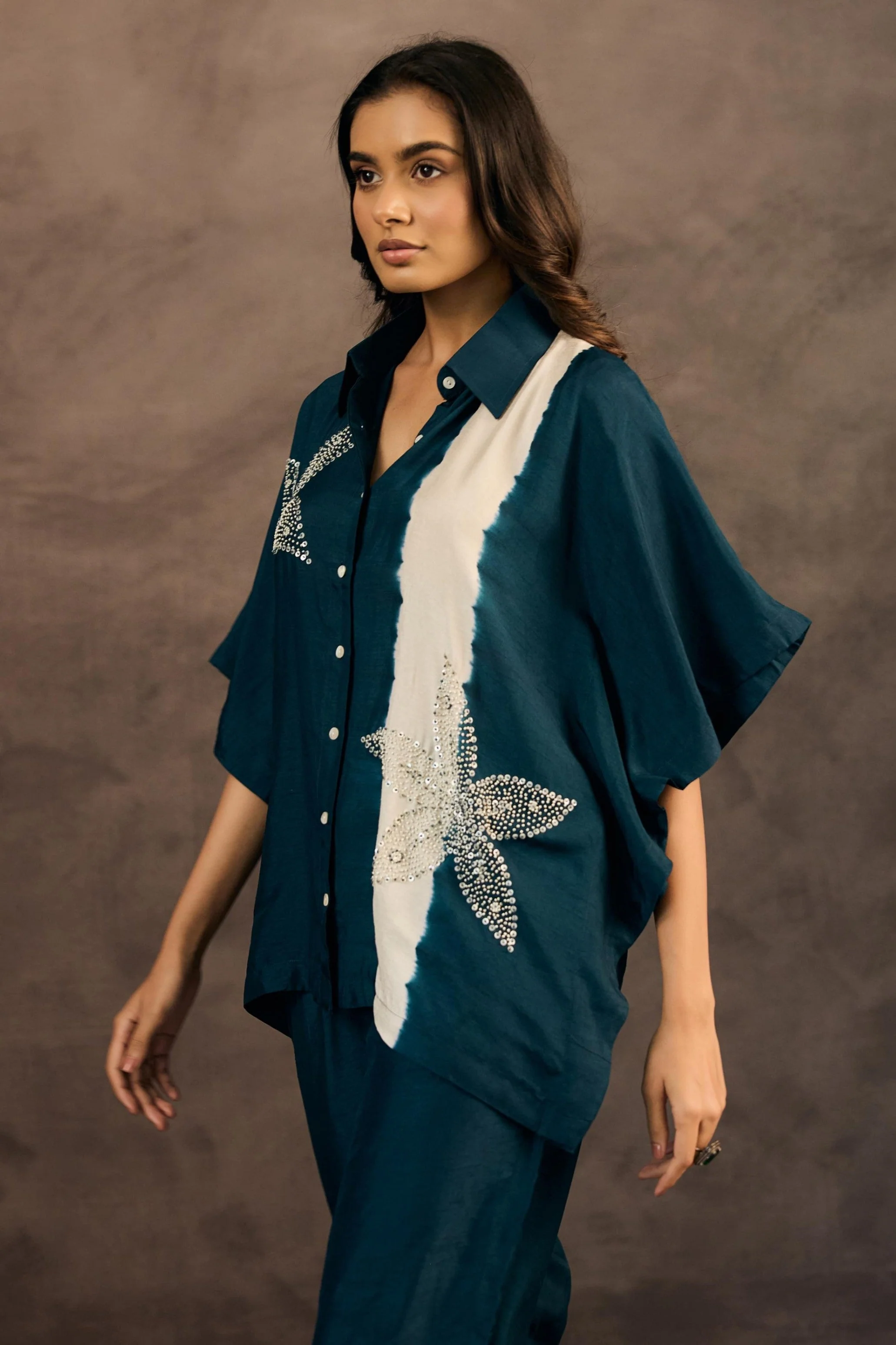 Ocean Teal Embellished Raw Silk Co-Ord Set - Image 3