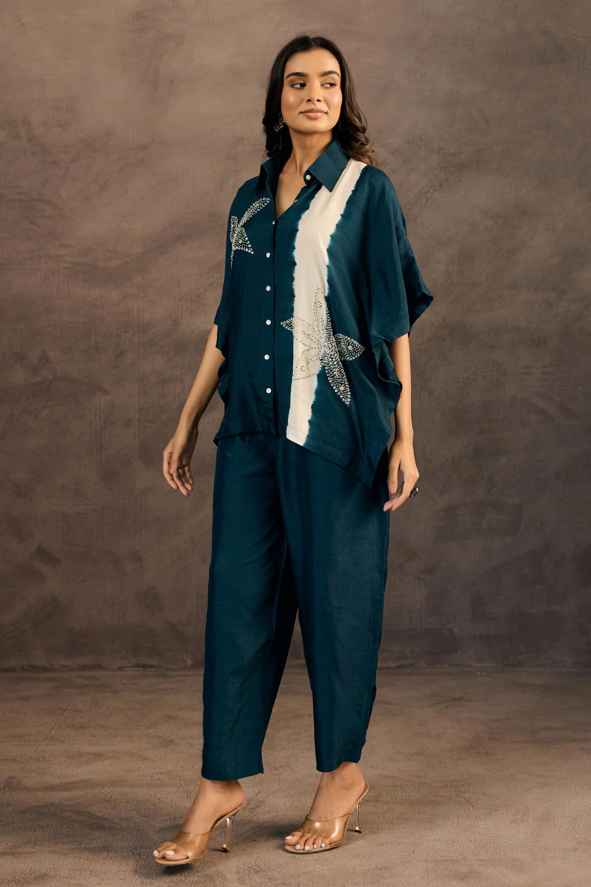 Ocean Teal Embellished Raw Silk Co-Ord Set - Image 4