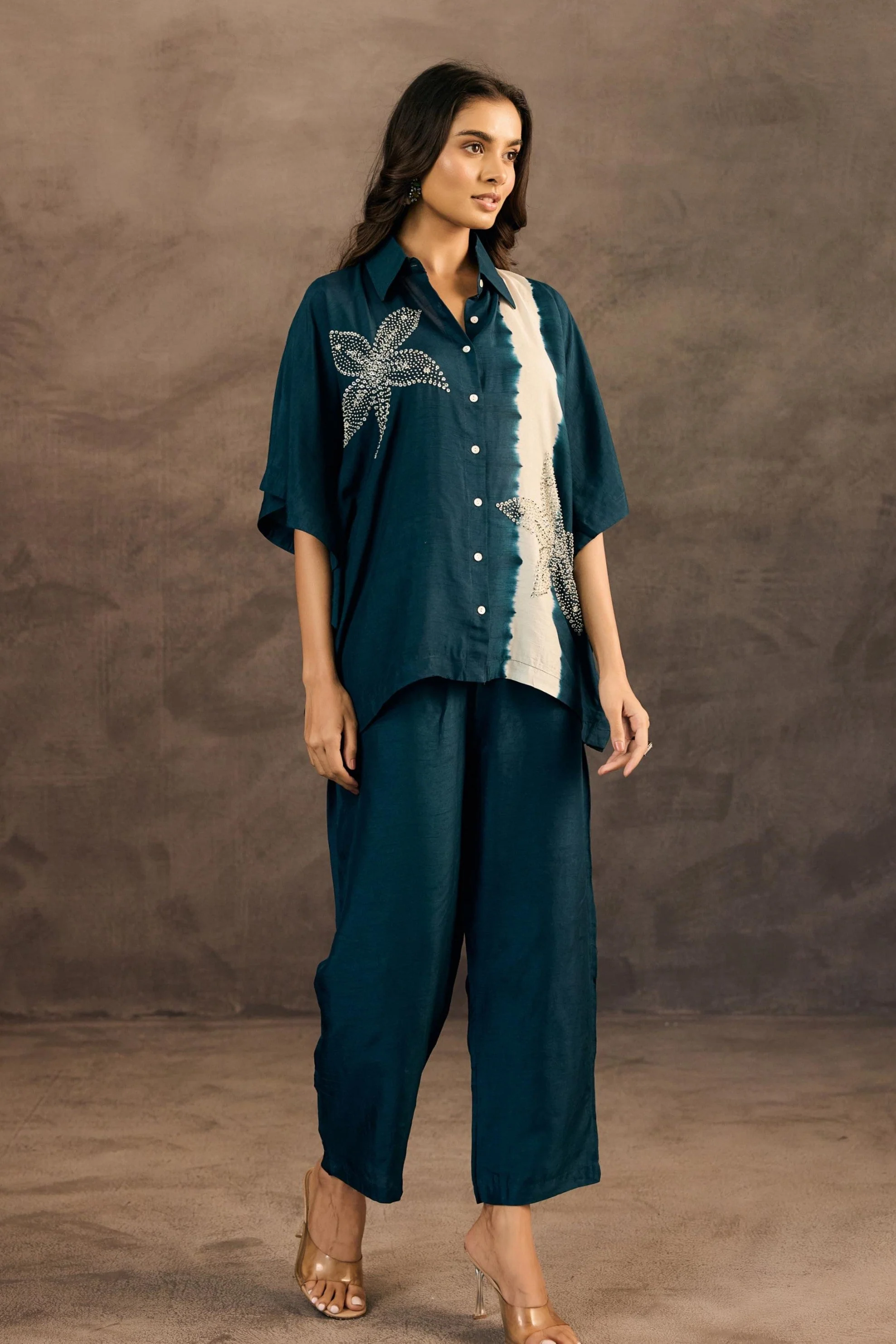 Ocean Teal Embellished Raw Silk Co-Ord Set - Image 5