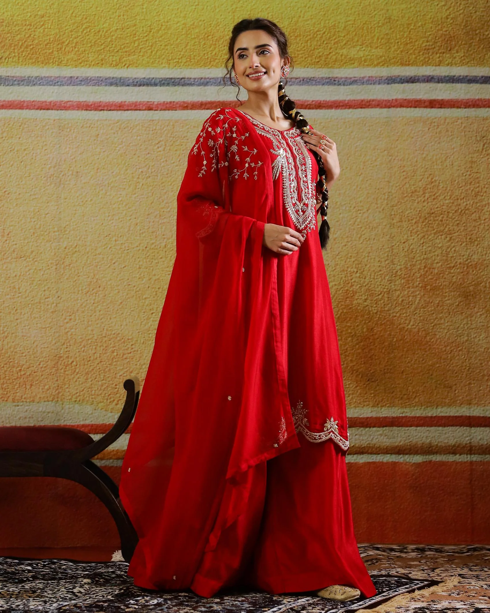 Ruby Red Embellished Raw Silk Palazzo Set - Image 3