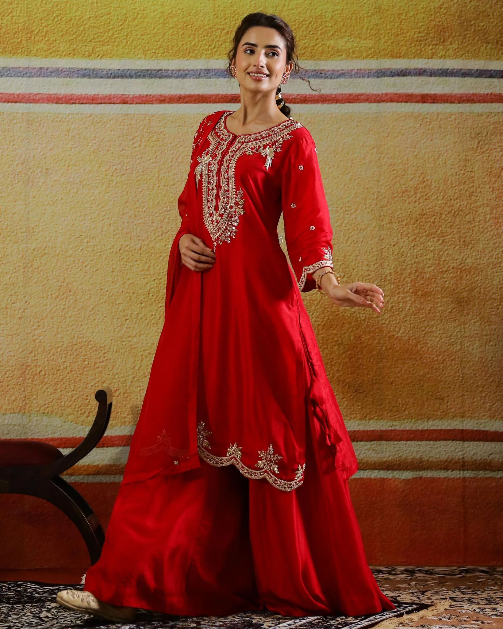 Ruby Red Embellished Raw Silk Palazzo Set - Image 4