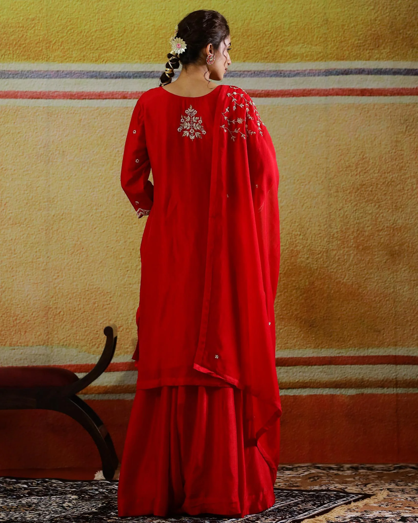 Ruby Red Embellished Raw Silk Palazzo Set - Image 5